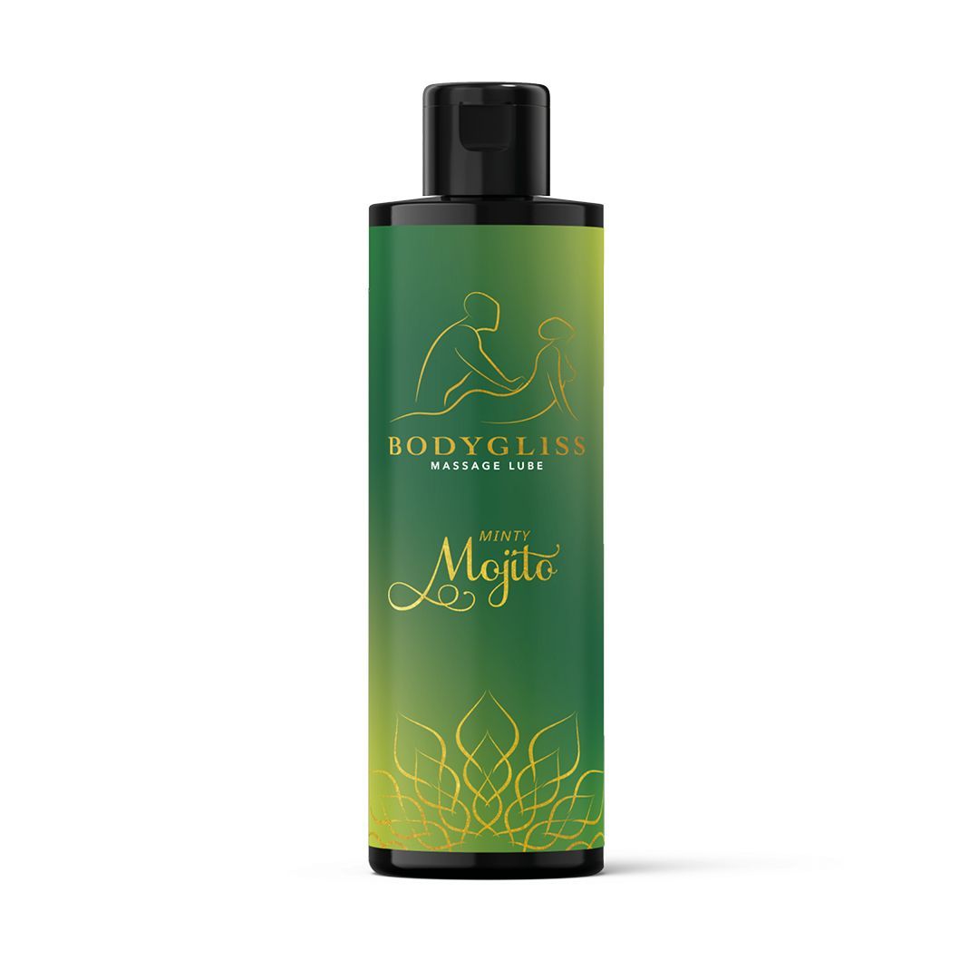 Grüne Flasche mit schwarzem Deckel. Aufschrift "BodyGliss Minty Mojito". Illustration von zwei Personen.