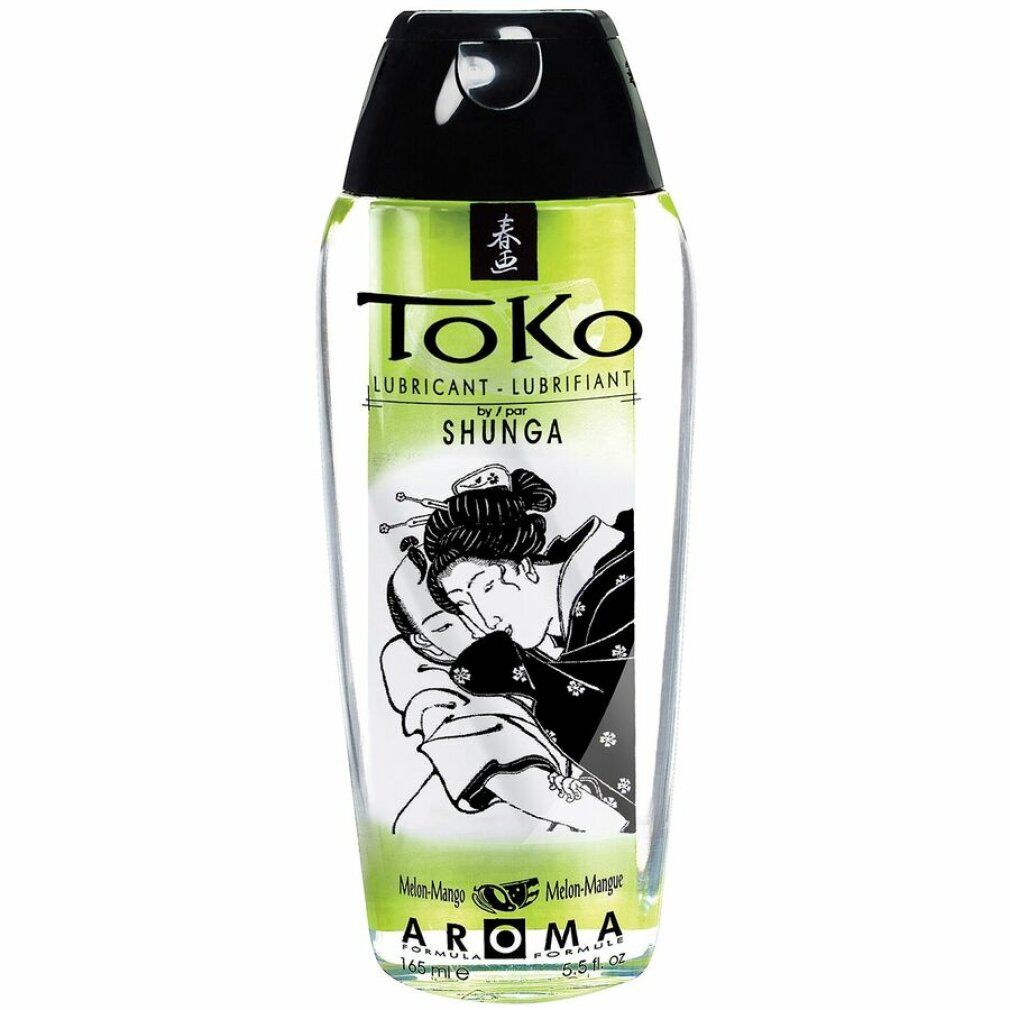 Flüssiges Gleitmittel in einer transparenten Flasche mit schwarzem Deckel. Etikett mit Schriftzug „Toko“ und Illustration.