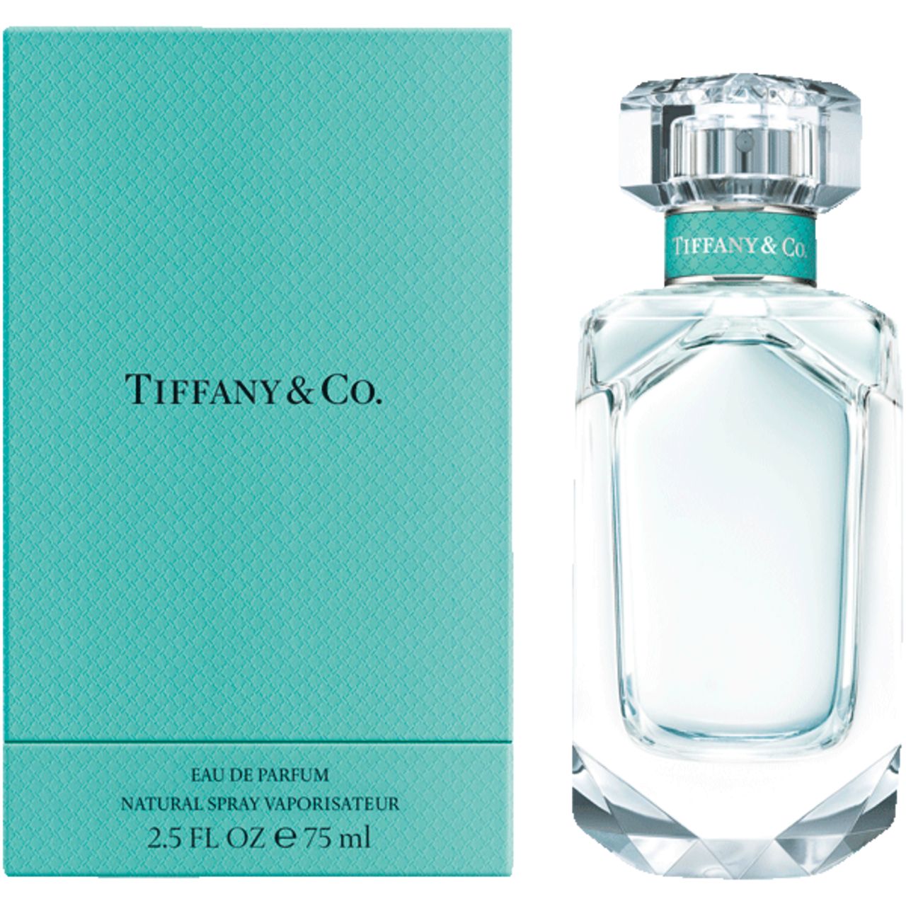 Flakon und Schachtel. Flakon aus Glas, achteckig, mit Deckel. Schachtel türkis mit Schriftzug. Aufschrift: Tiffany & Co.
