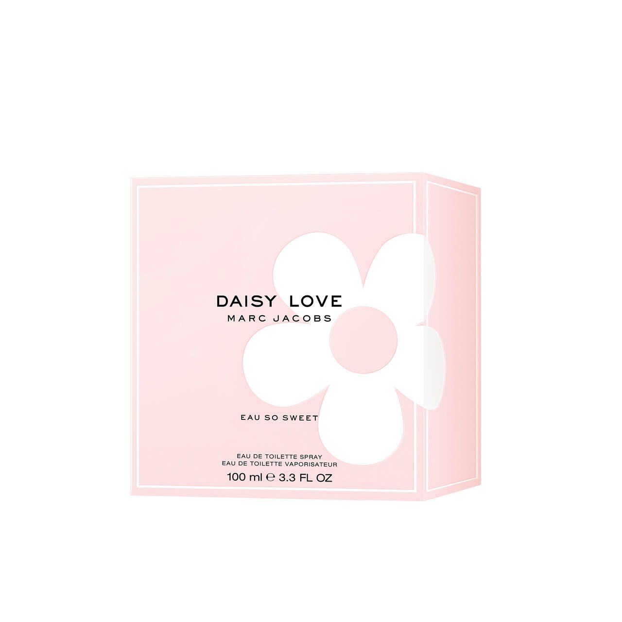 Rosa Verpackung mit weißer Blume. Schriftzug: Daisy Love, Marc Jacobs, Eau So Sweet. Inhalt: 100 ml.