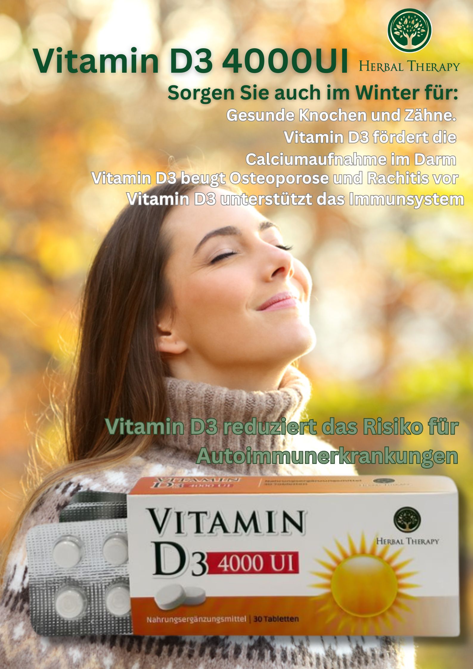 Werbebild mit Frau und Vitamin D3 4000 UI-Packung. Text: Vitamin D3 4000 UI, Herbal Therapy. Fördert gesunde Knochen und Zähne.