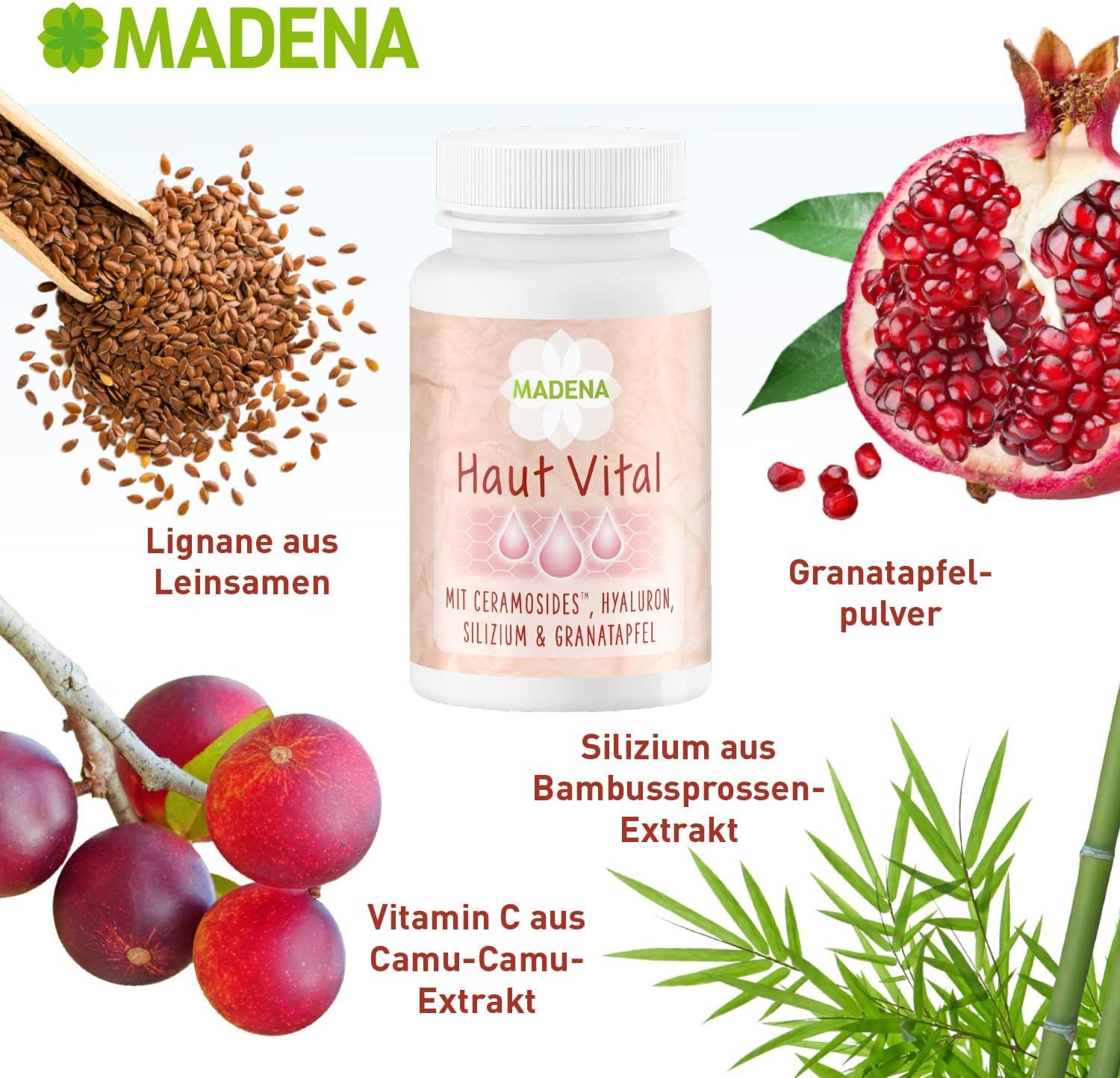 Verschiedene Zutaten neben MADENA Haut Vital Kapseln. Text: Lignane aus Leinsamen, Granatapfelpulver, Silizium aus Bambussprossen-Extrakt.