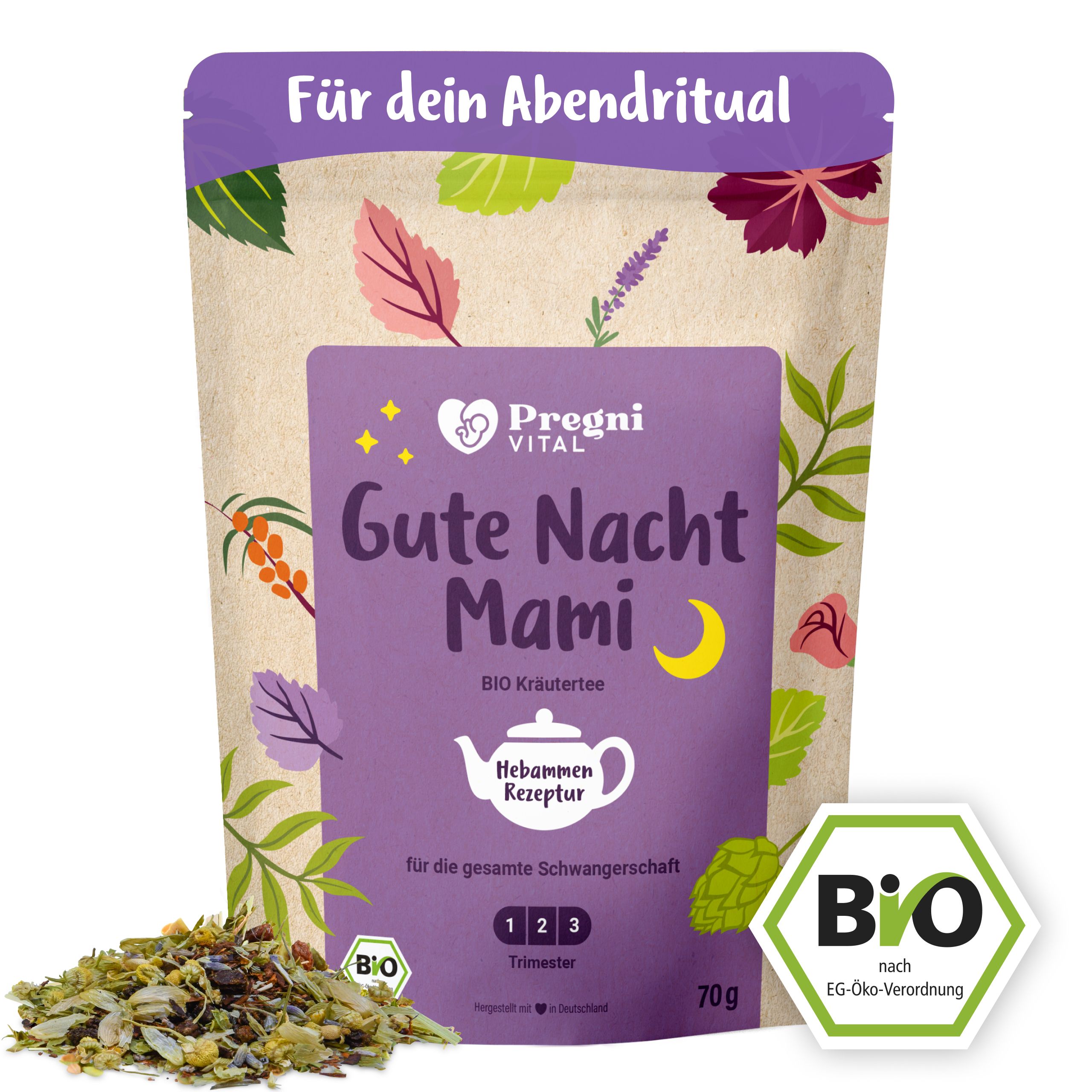 PregniVital Gute Nacht Mami BIO Kräutertee Beutel mit Hopfen und Lavendel, 70g. Bio-Siegel und Hopfenblüten.