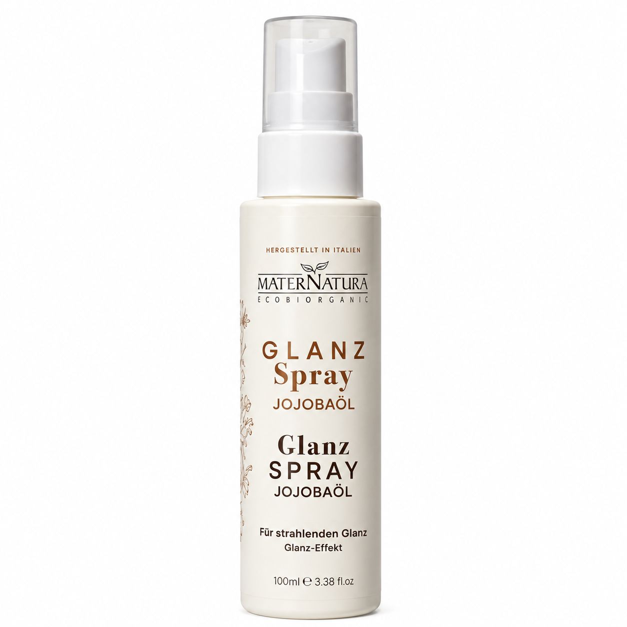 Weiße Sprühflasche MaterNatura Glanz Spray mit Jojobaöl und floralem Muster.