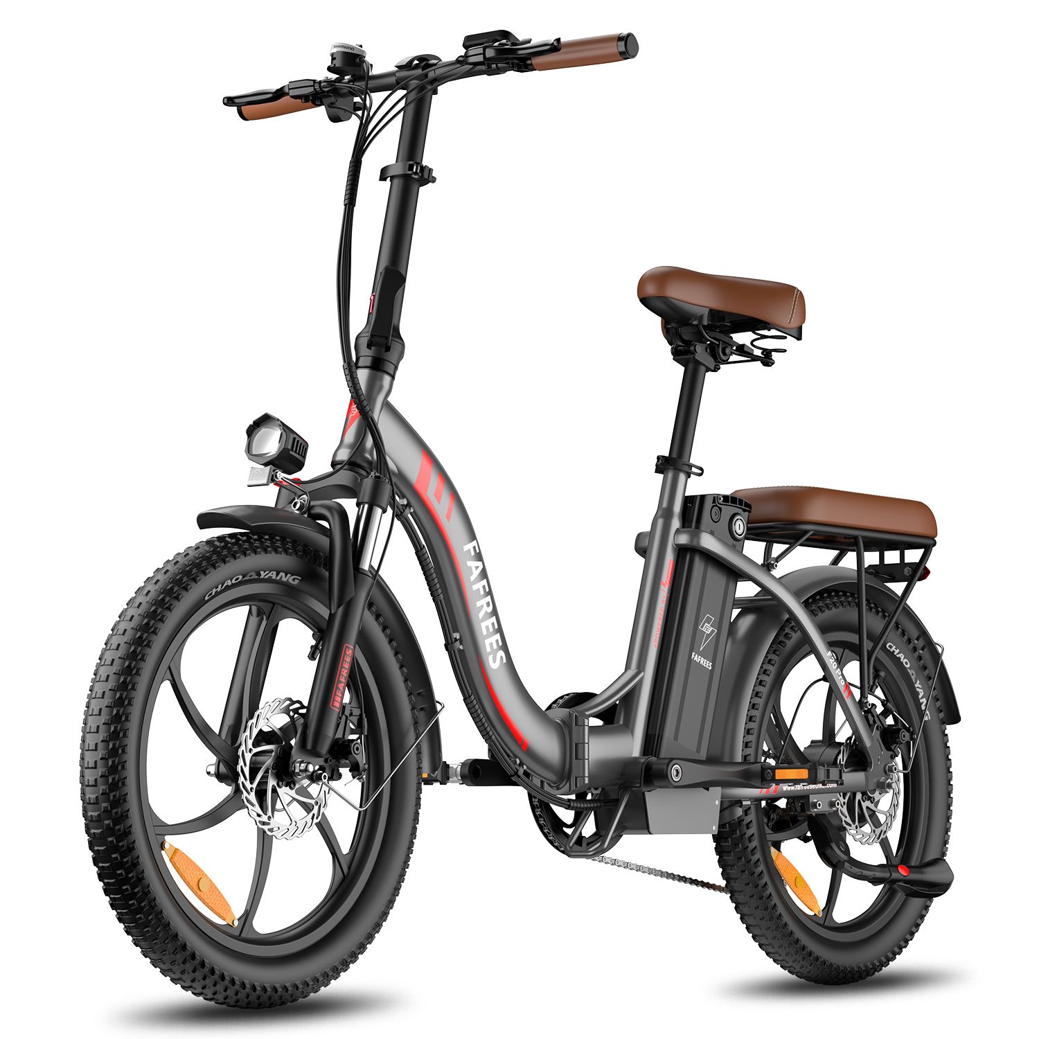 Graues FAFREES F20 Pro Elektrofahrrad. Braune Sitze, breite Reifen. 20 Zoll Räder, roter Akzent. Gefalteter Rahmen.