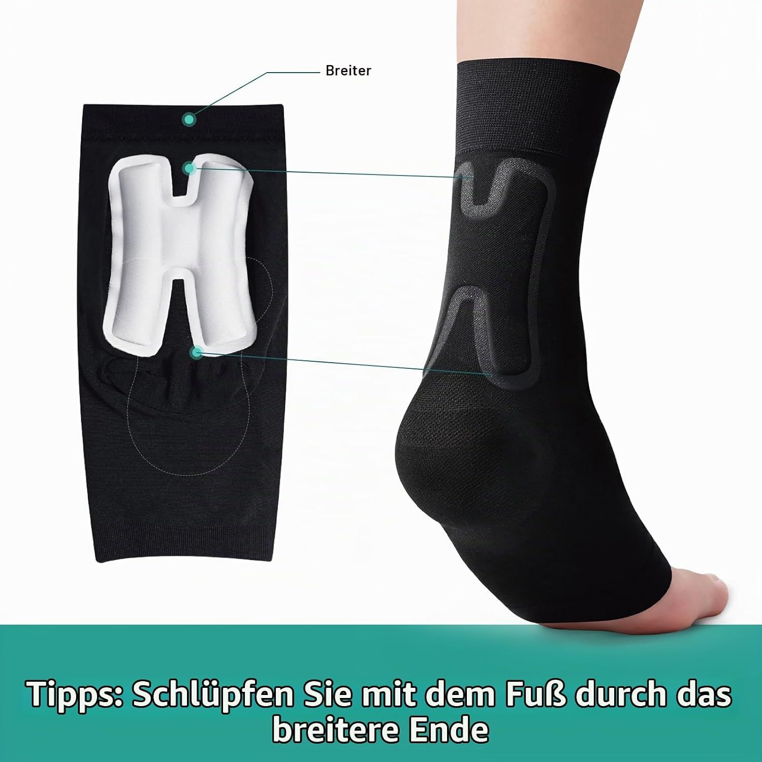 Detailansicht einer schwarzen Kompressionssocke mit H-förmiger Polsterung.