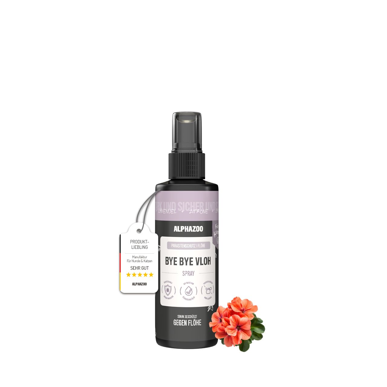 Schwarze Sprühflasche mit Etikett und Anhänger. Aufschrift: Bye Bye Vloh Spray. Daneben eine Blüte.