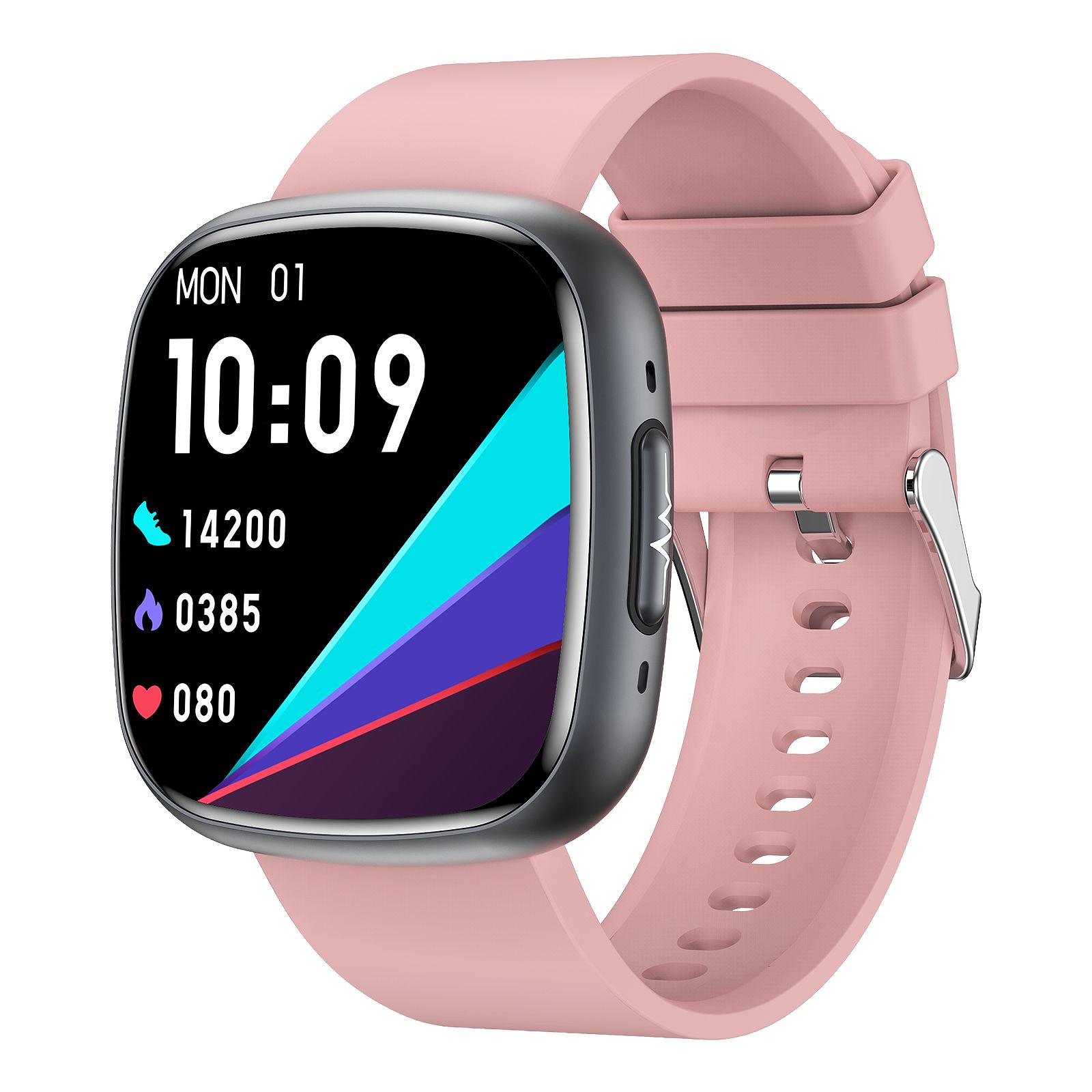 Smartwatch mit rosa Armband. Anzeige mit Uhrzeit, Schritten, Kalorien und Herzfrequenz. Silberfarbenes Gehäuse.