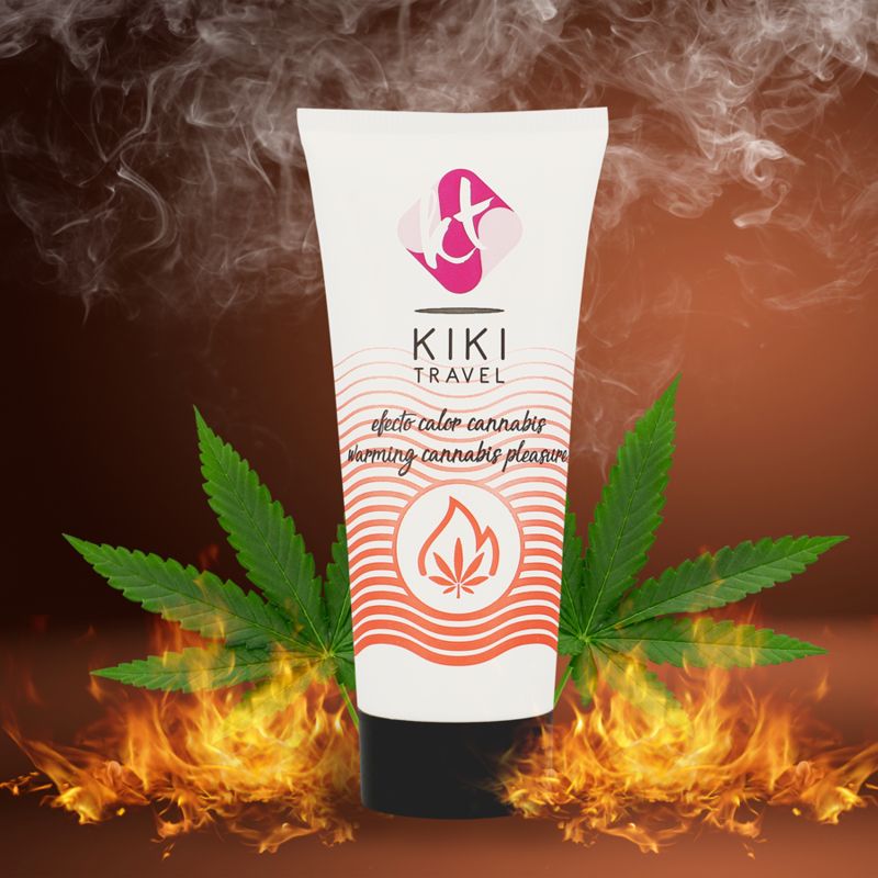 Tube mit Produktaufdruck, Schriftzug "KIKI TRAVEL", "efecto calor cannabis", Flammen- und Cannabis-Blatt-Symbol. Hintergrund mit Flammen und Blättern.