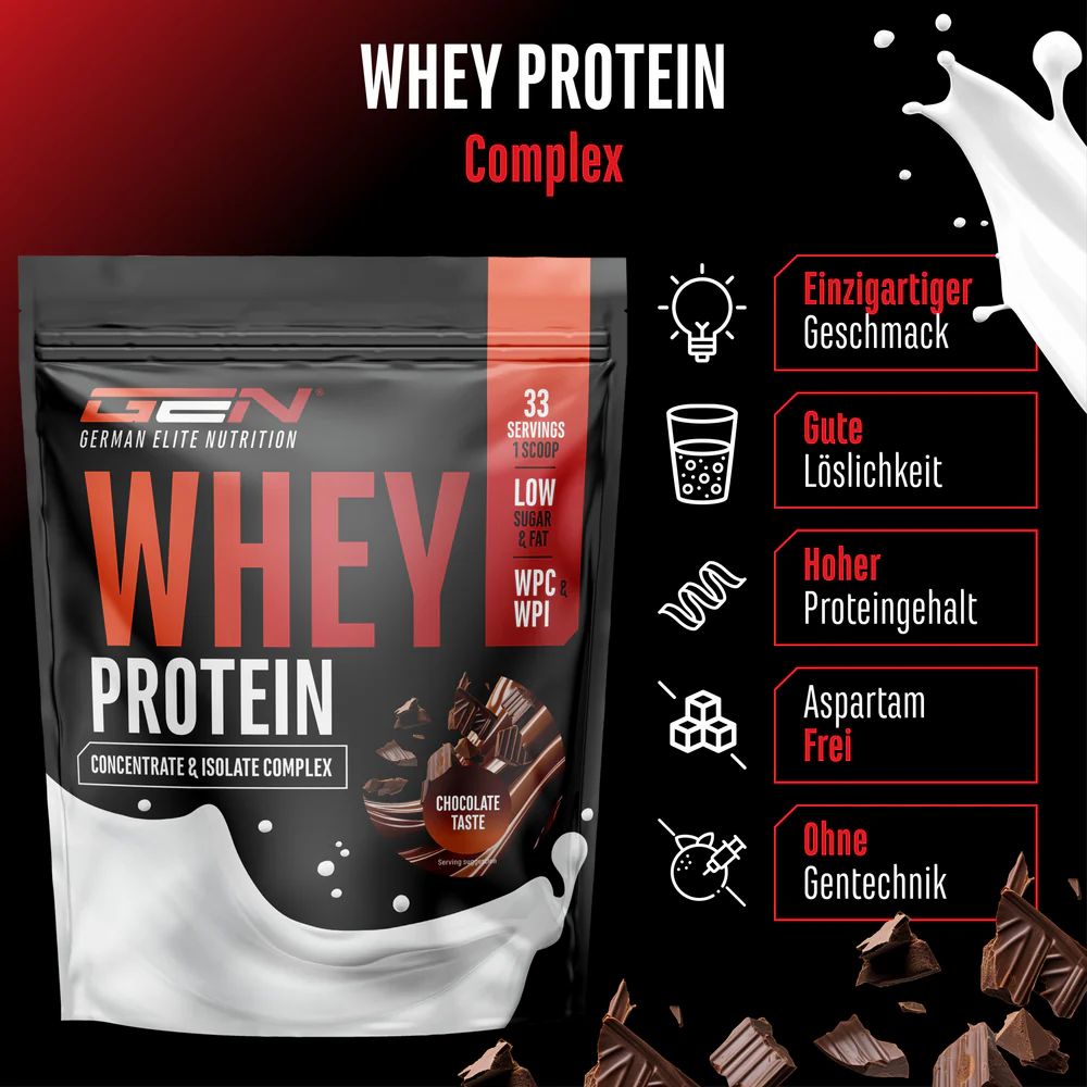 Schwarze Tüte GEN Whey Protein. Konzentrat & Isolat Complex. 33 Portionen. Schokoladengeschmack. Enthält Milch. Merkmale: Geschmack, Löslichkeit, Proteingehalt.