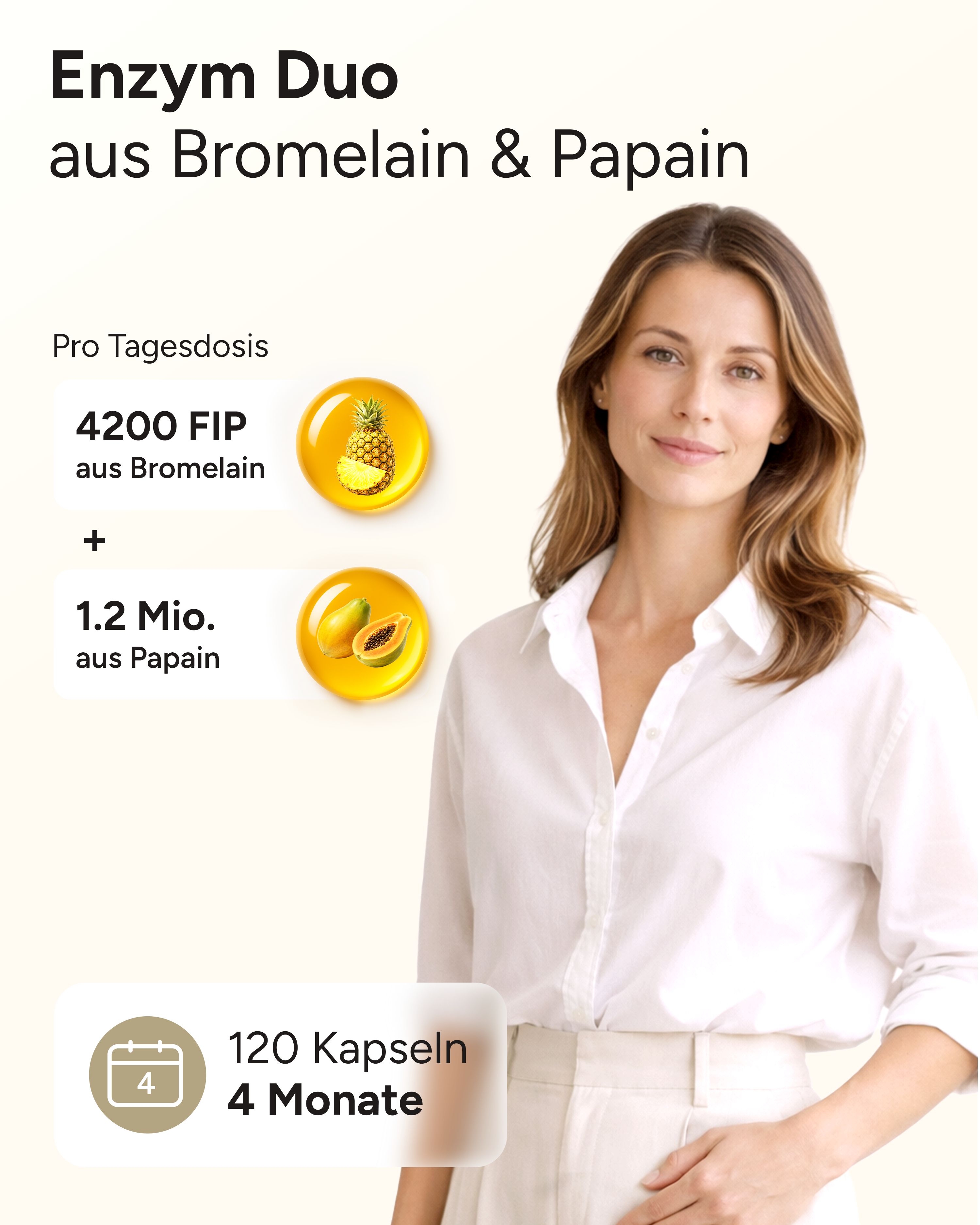Frau mit weißem Hemd. Grafiken zeigen Ananas und Papaya. Text: Enzym Duo, 120 Kapseln, 4 Monate.