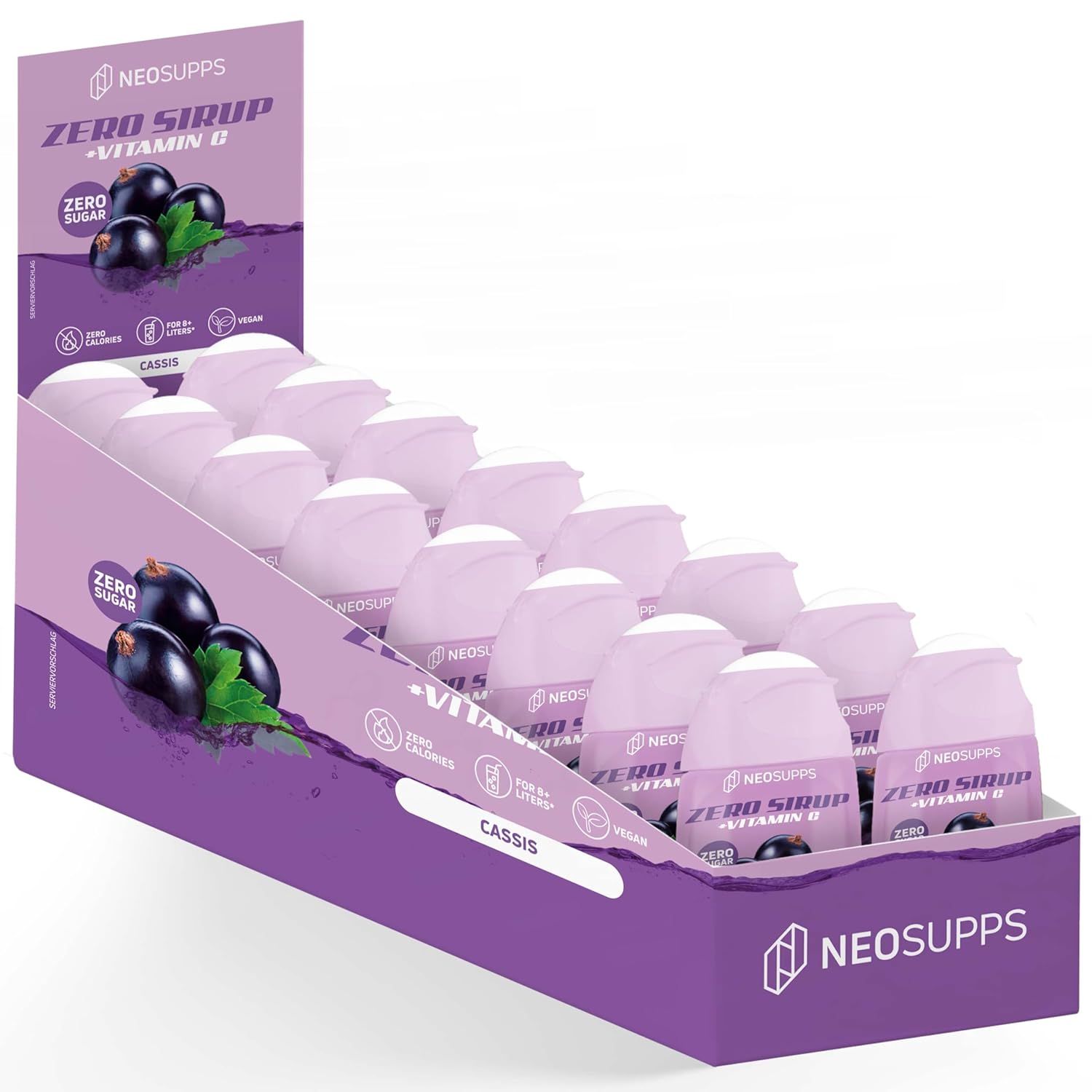Display mit Flaschen Neosupps Zero Sirup, Cassis Geschmack. Aufschrift: Zero Sugar, Vitamin C.