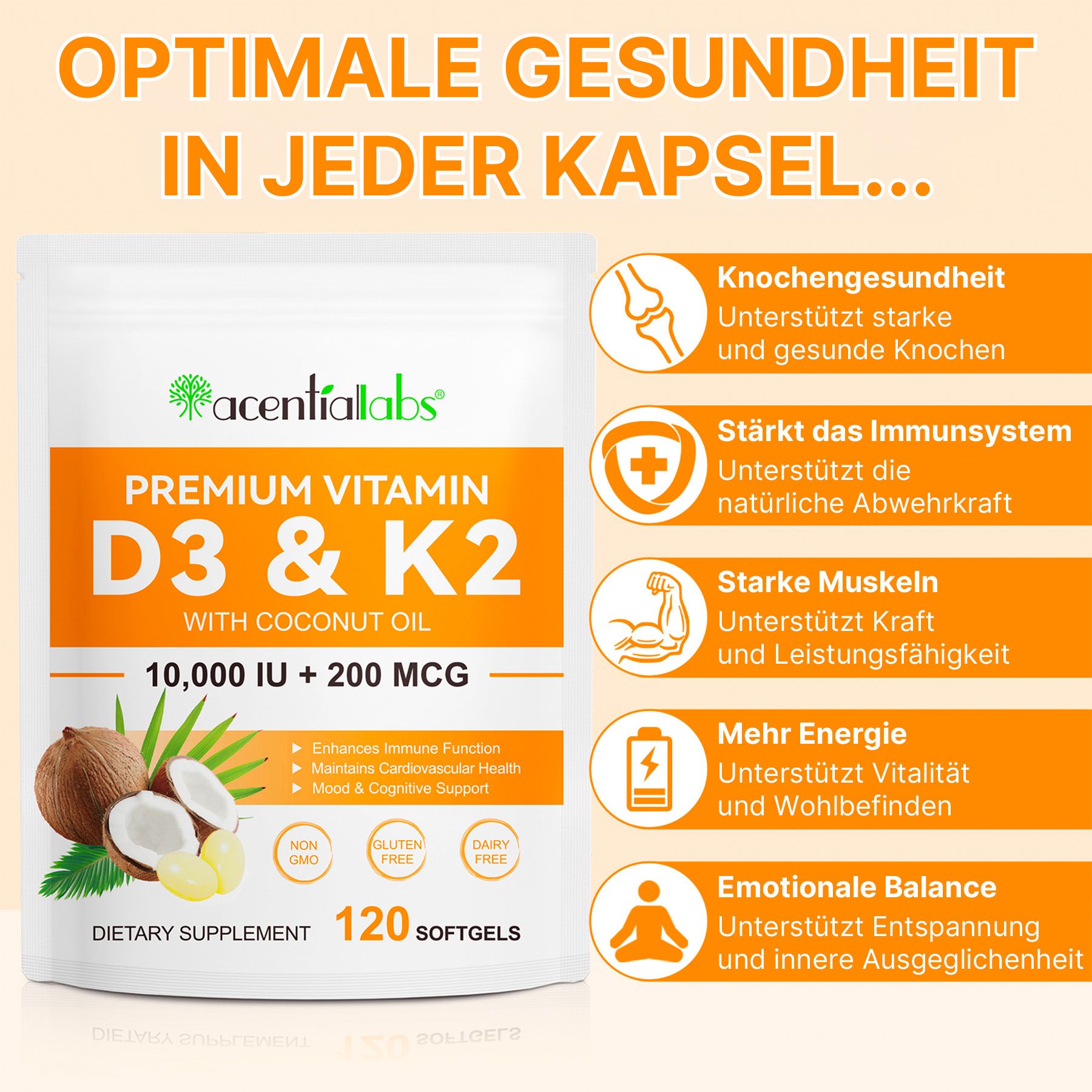 Acentiallabs Vitamin D3 + K2 Softgels: Knochen-, Immun-, Muskelunterstützung, Energie, Balance.