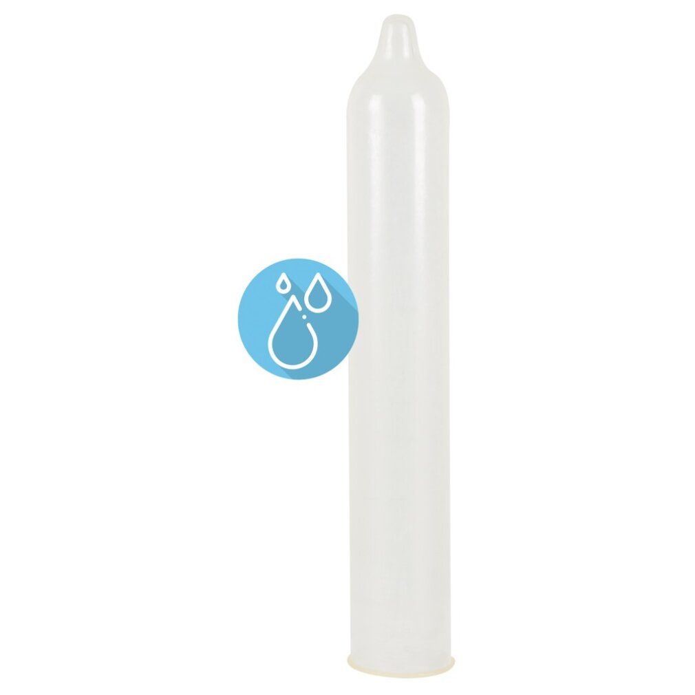 Durchsichtiges Kondom mit Tropfen-Symbol. Keine Verpackung. Sichtbare Form und Spitze.