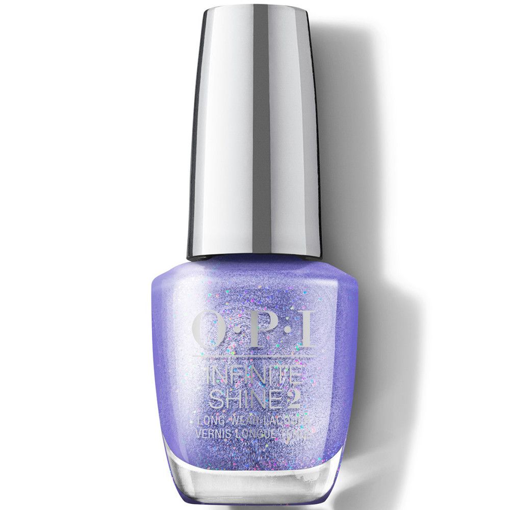 OPI Nagellack Infinite Shine 2 in Lila mit silbernem Deckel. Produktetikett sichtbar.