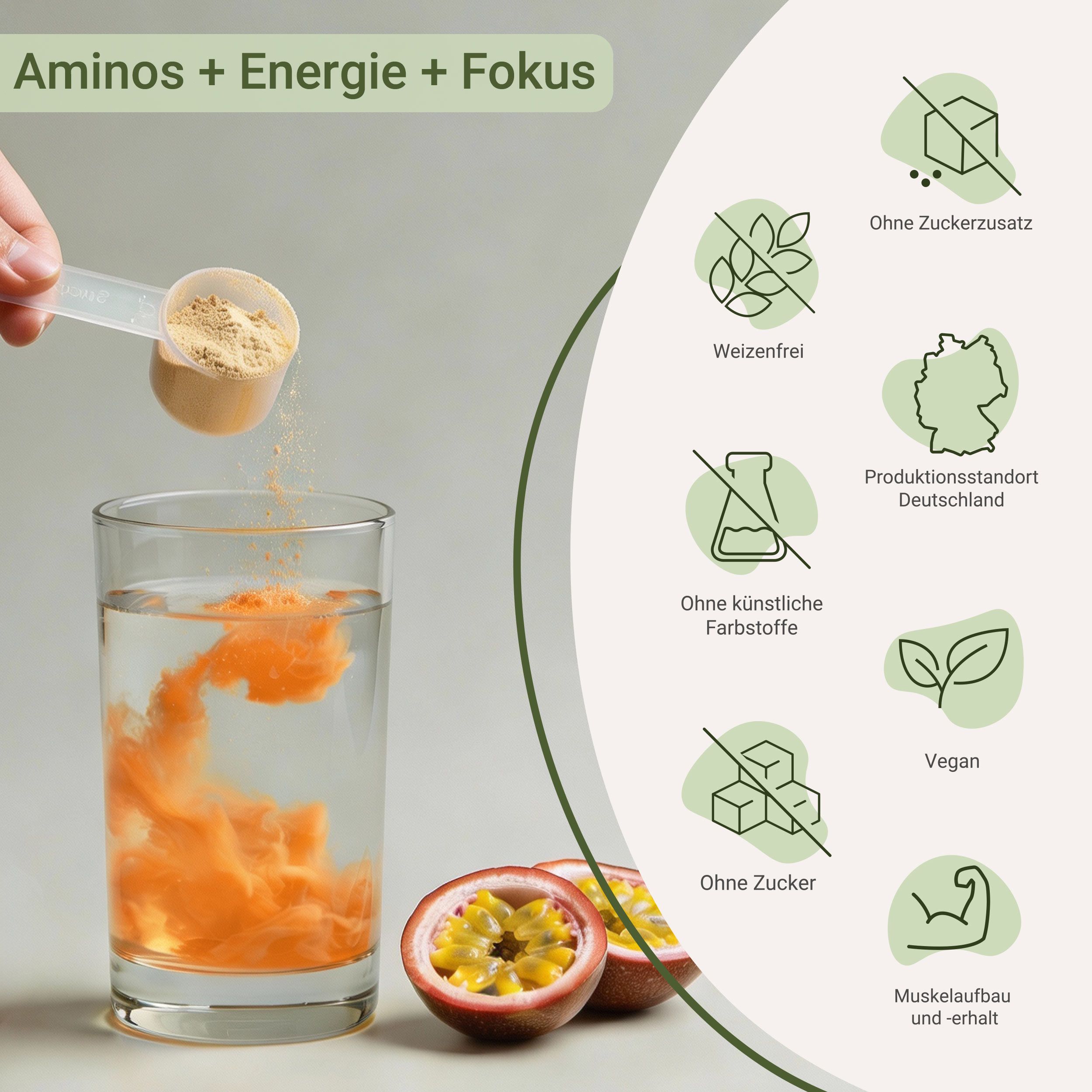 Person gießt Pulver in ein Glas Wasser. Passionsfrucht. Grafische Darstellung von Produktmerkmalen: zuckerfrei, vegan, etc.