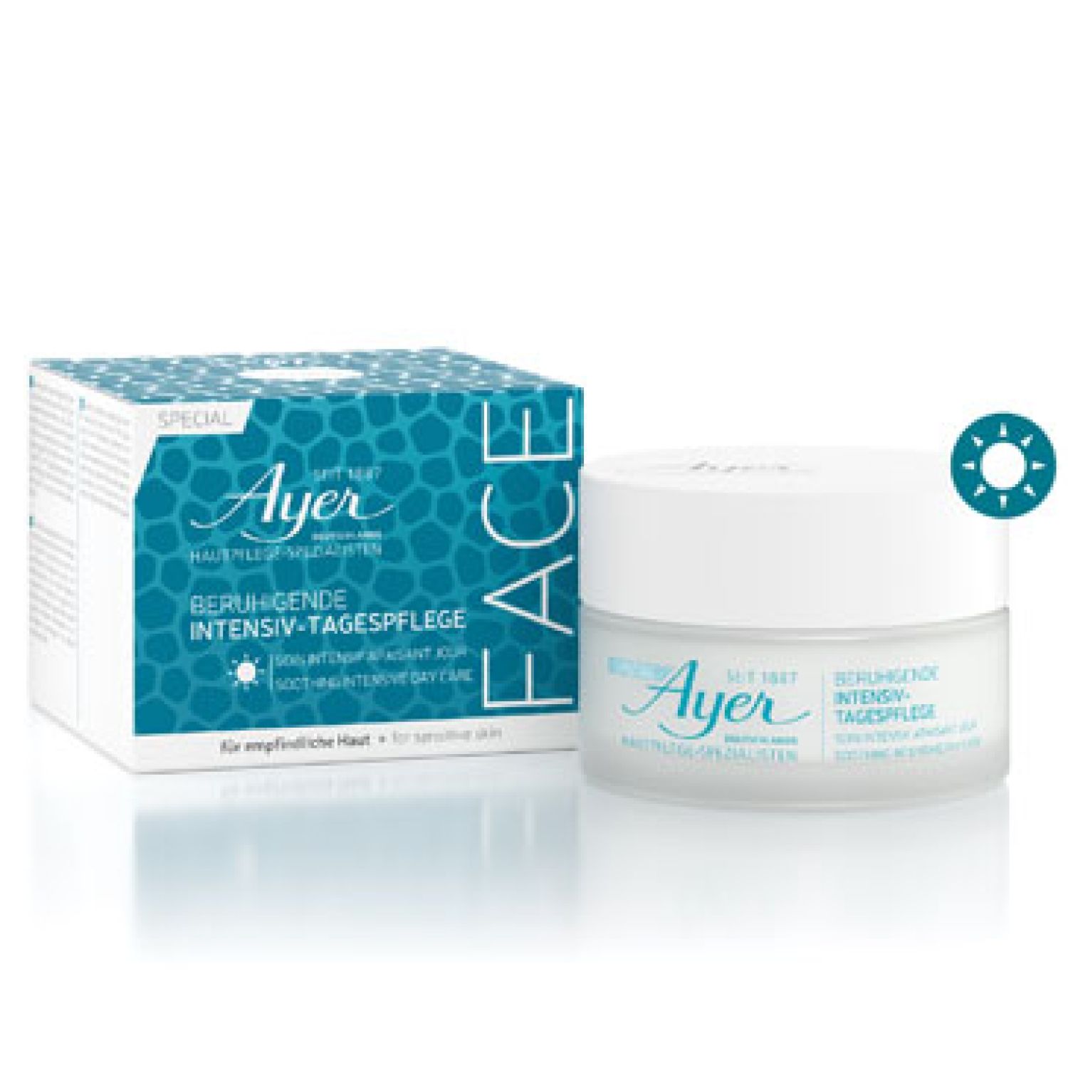 Creme-Tiegel und Verpackung mit 'Ayer' und 'Beruhigende Intensiv-Tagespflege'.