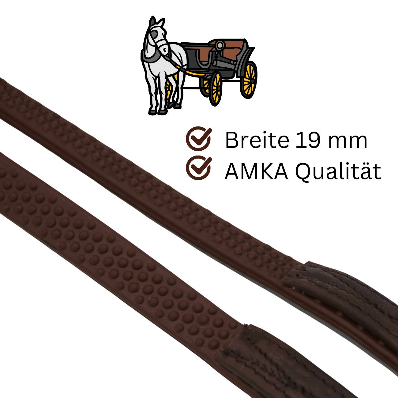 Braune AMKA Einspännerleine. Breite 19 mm. AMKA Qualität. Text: AMKA Qualität. Bild: Kutsche mit Pferd.