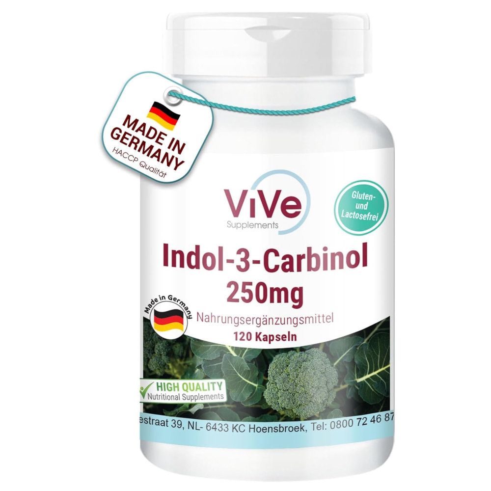 Weiße Flasche mit ViVe Indol-3-Carbinol. Aufschrift: 250mg, 120 Kapseln. Label: Made in Germany, Gluten- und Lactosefrei.