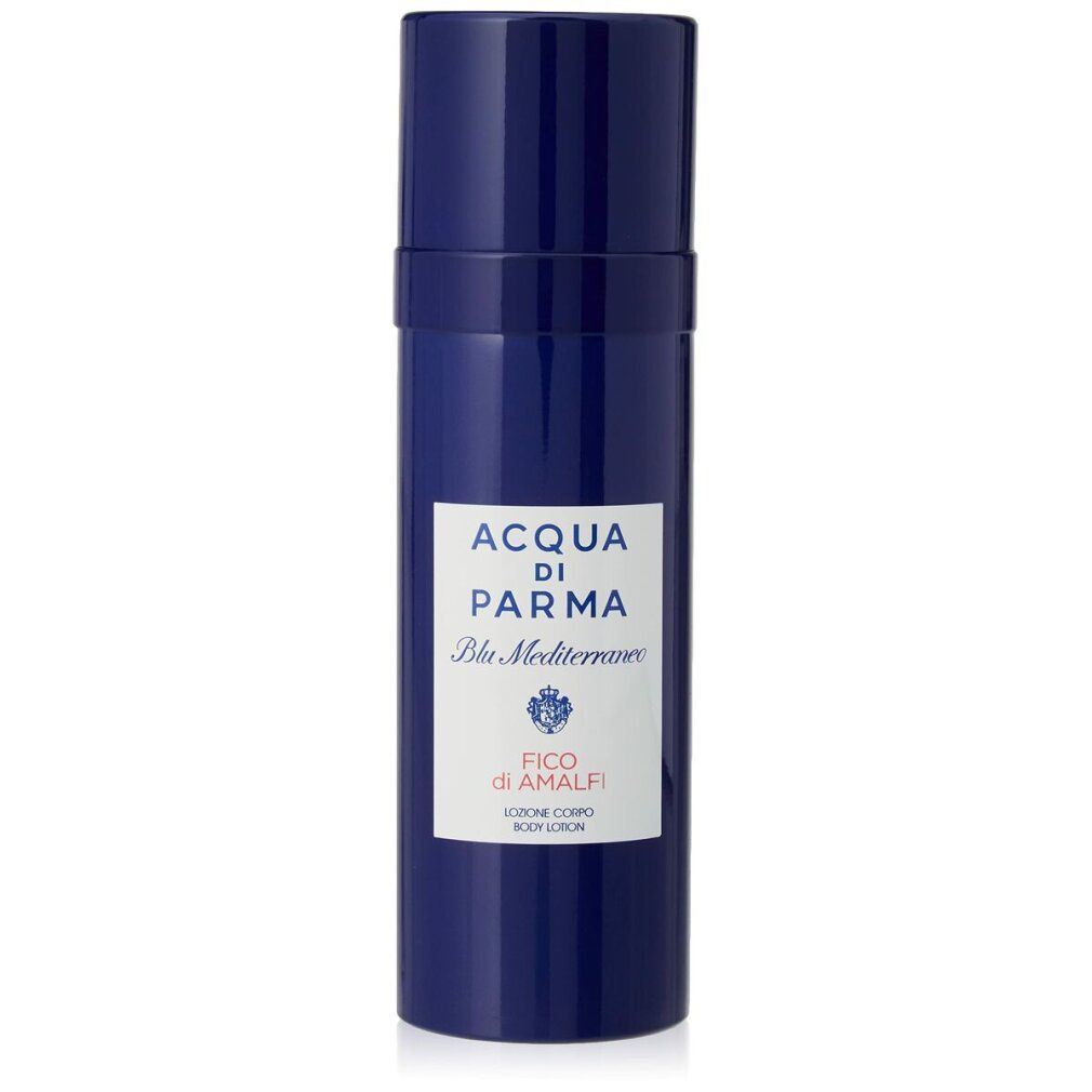 Blaue Acqua di Parma Fico di Amalfi Bodylotion-Flasche. Weißes Etikett mit Logo und Produktbezeichnung.