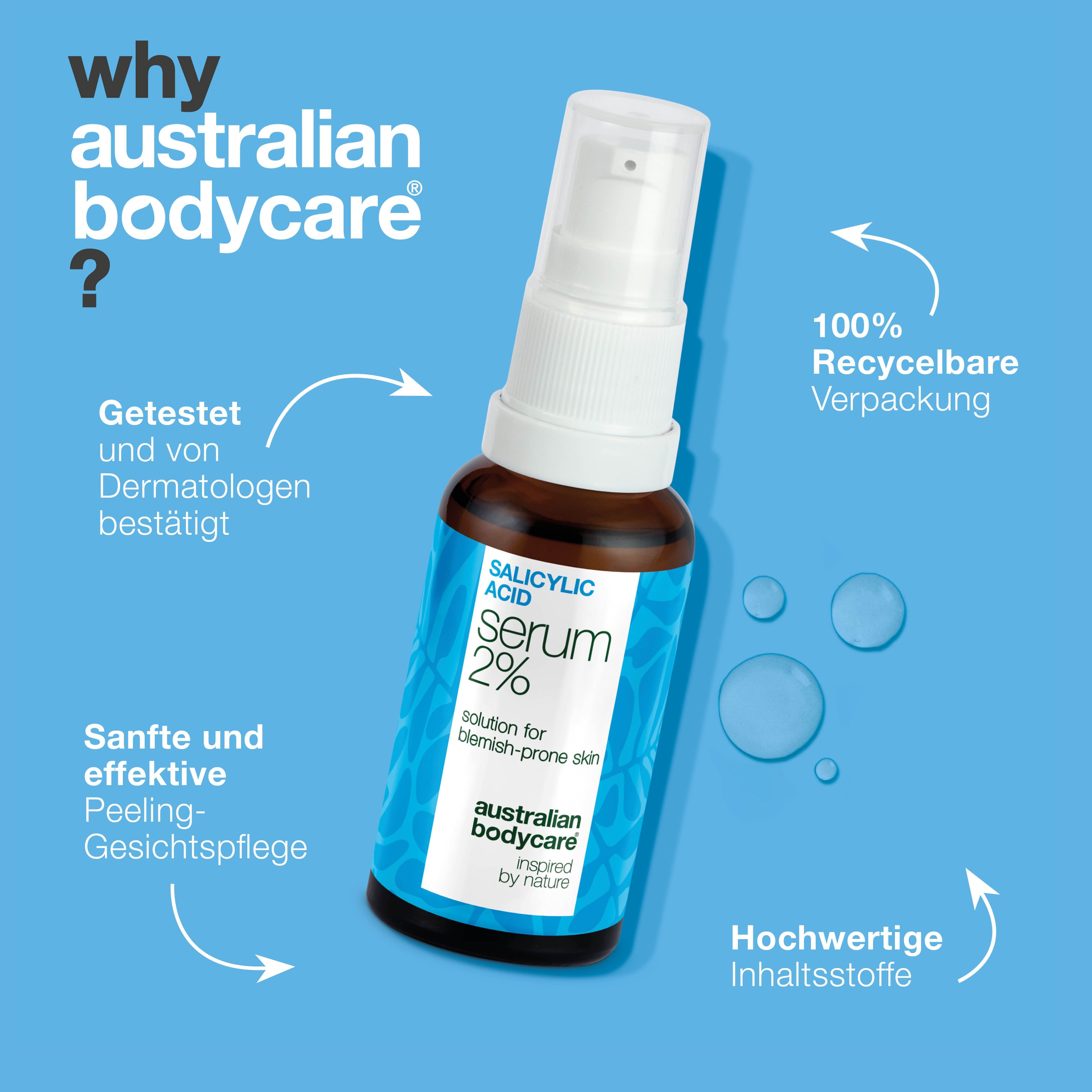 Flasche mit Serum, Text: Salicylic Acid Serum 2%, australian bodycare. Text: Warum australian bodycare?