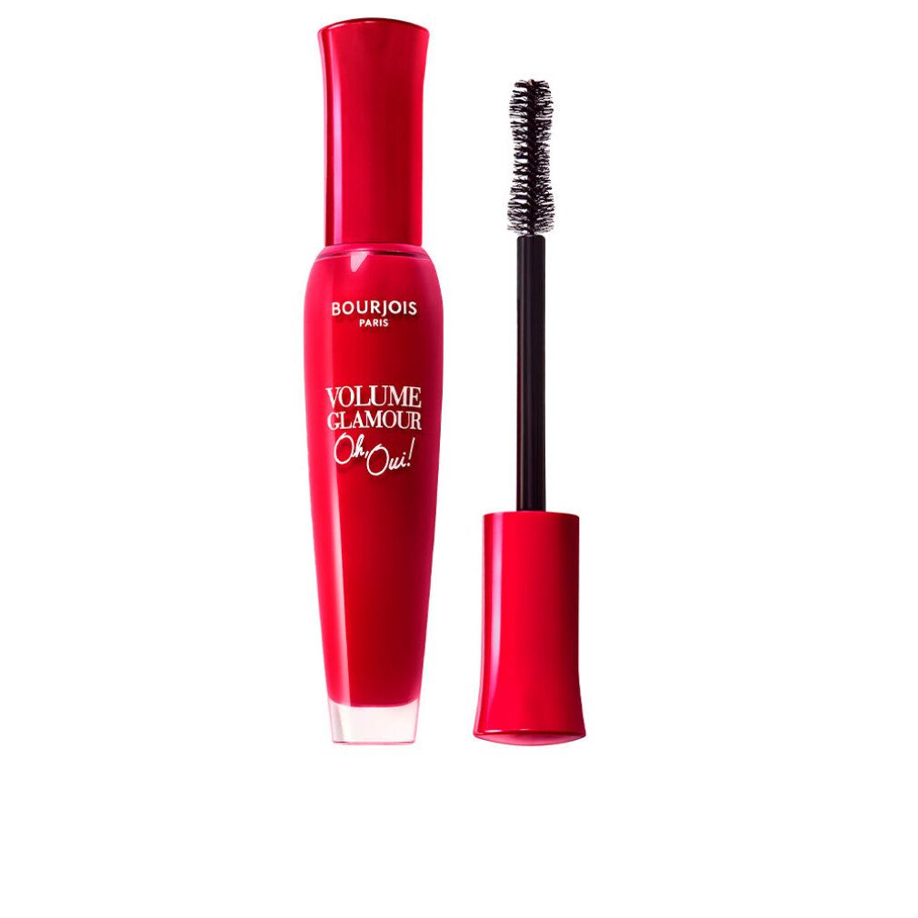 Rote Mascarabürste und -flasche. Aufschrift: Bourjois Paris, Volume Glamour Oh Oui. Schwarze Bürste.