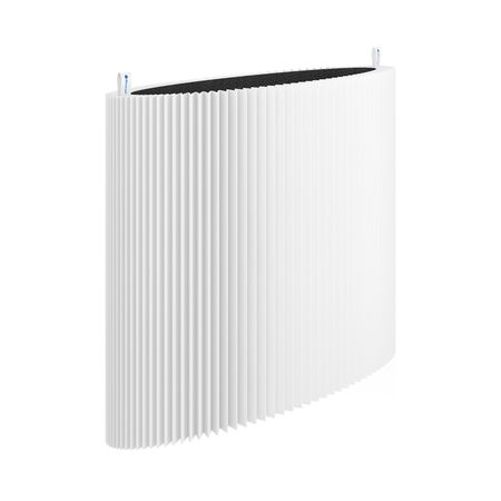 Gebogener Filter mit weißem, gefaltetem Material. Schwarze Oberseite. Blaue Halterungen.