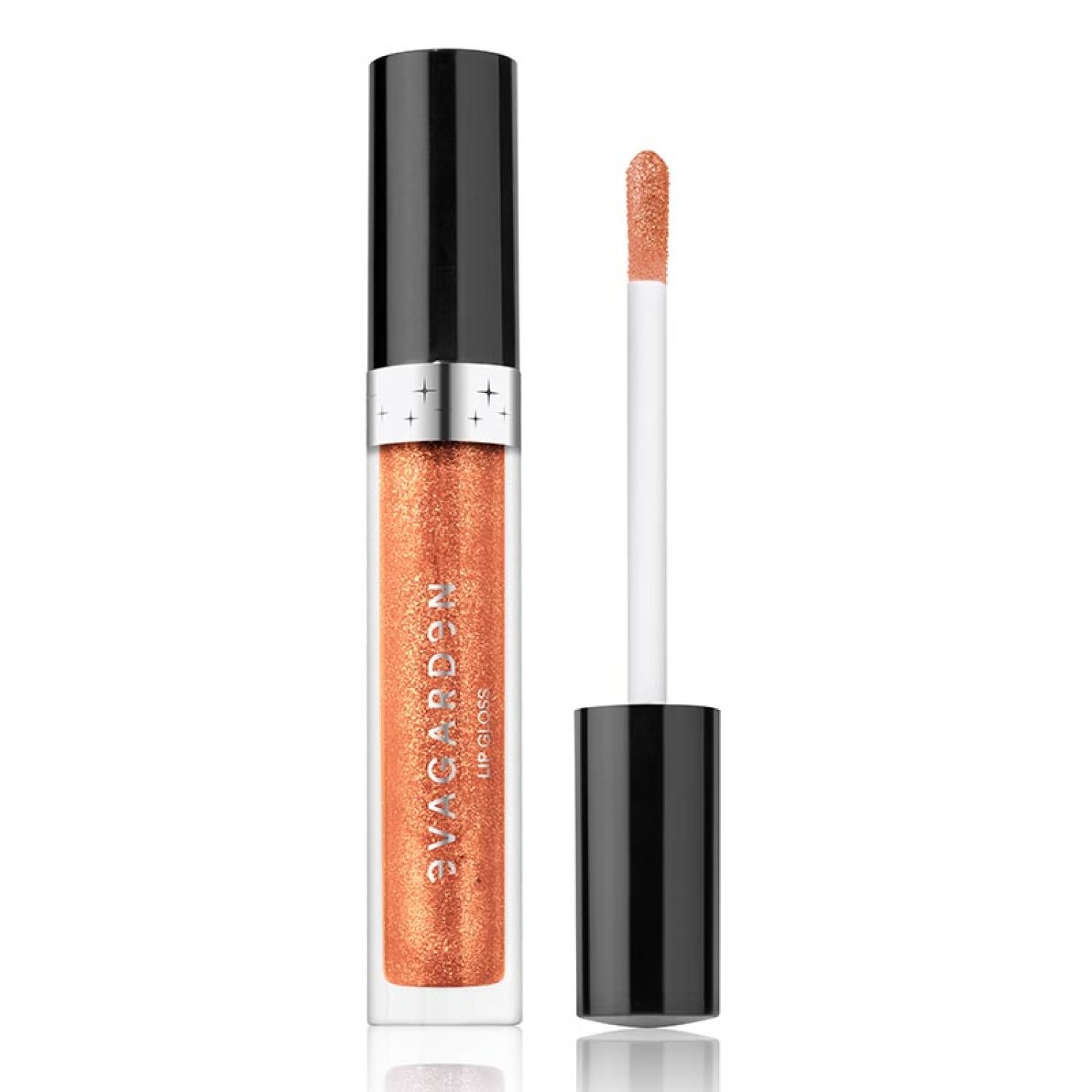 Lipgloss-Flakon mit schwarzem Deckel und Applikator. Der Inhalt ist korallenfarben mit Glitzer. Aufschrift: "AVACARDON Lip Gloss".