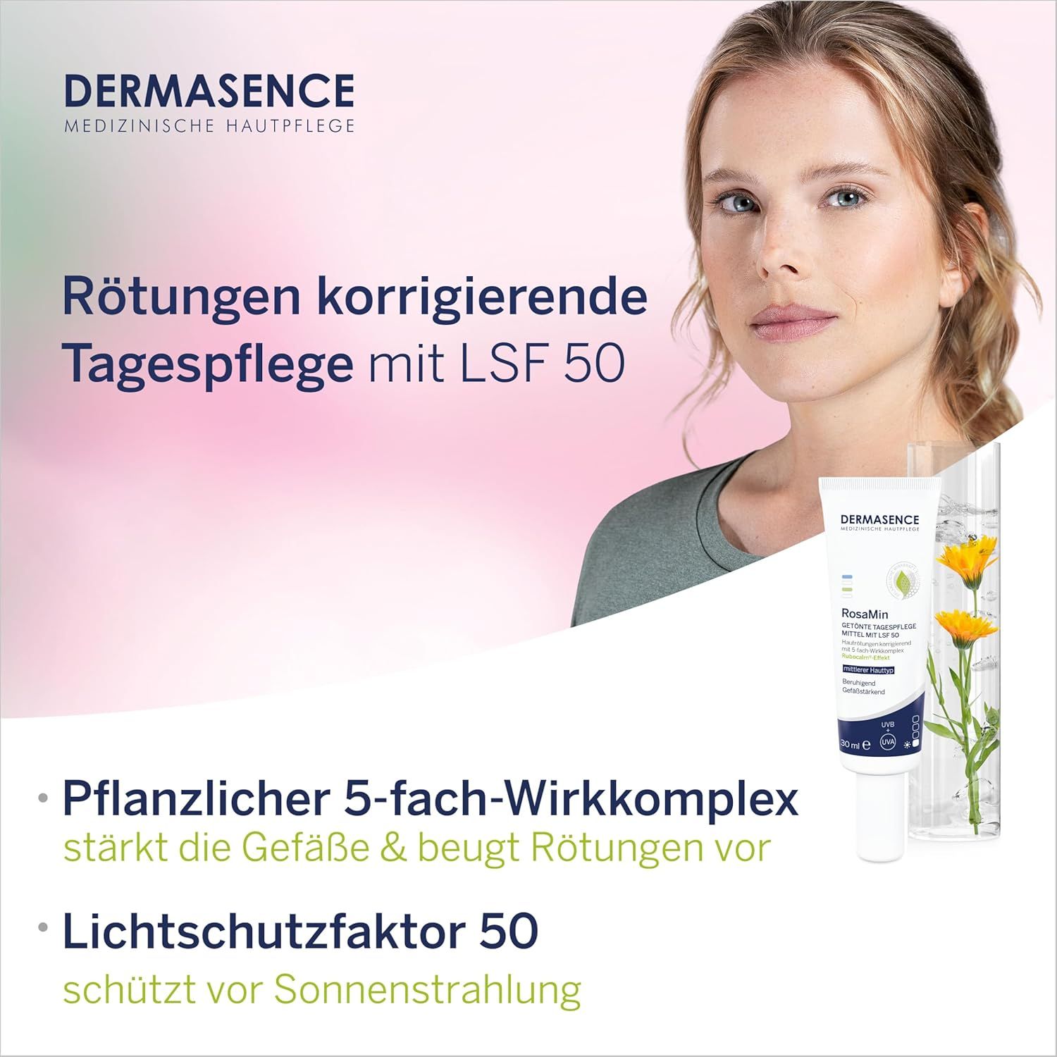 Frau und Creme-Tube mit Pflanzen. Aufschrift: DERMASENCE RosaMin. Text: Rötungen korrigierende Tagespflege mit LSF 50.