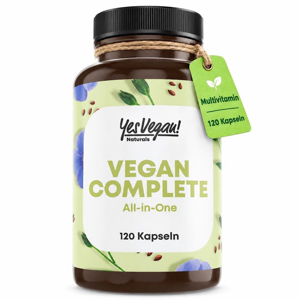 Braune Flasche mit Yes Vegan! Naturals VEGAN COMPLETE All-in-One 120 Kapseln.