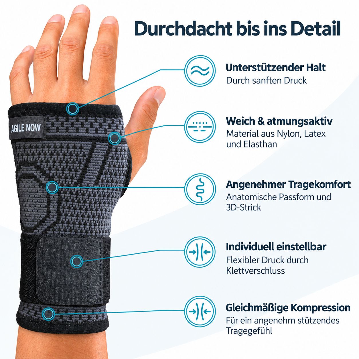 Handgelenkbandage mit detaillierter Beschreibung von Halt, Material, Komfort und Kompression.