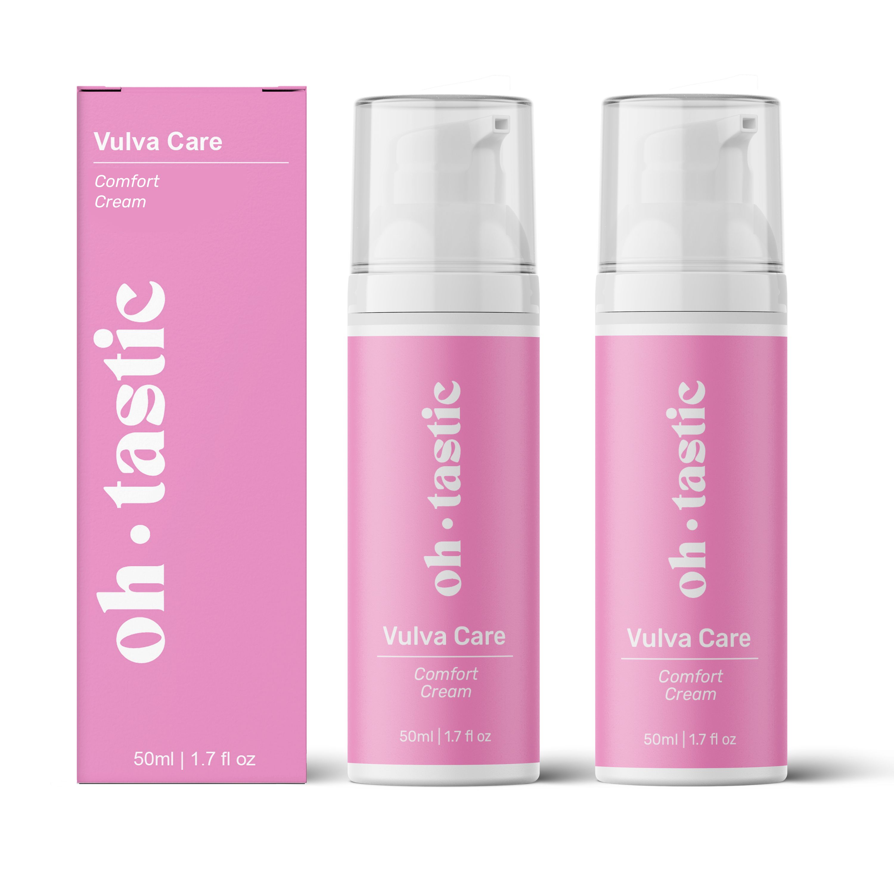 Drei rosa Flaschen mit weißem Pumpkopf. Aufschrift: oh.tastic, Vulva Care, Comfort Cream. Eine Flasche steht neben einer rosa Verpackung.