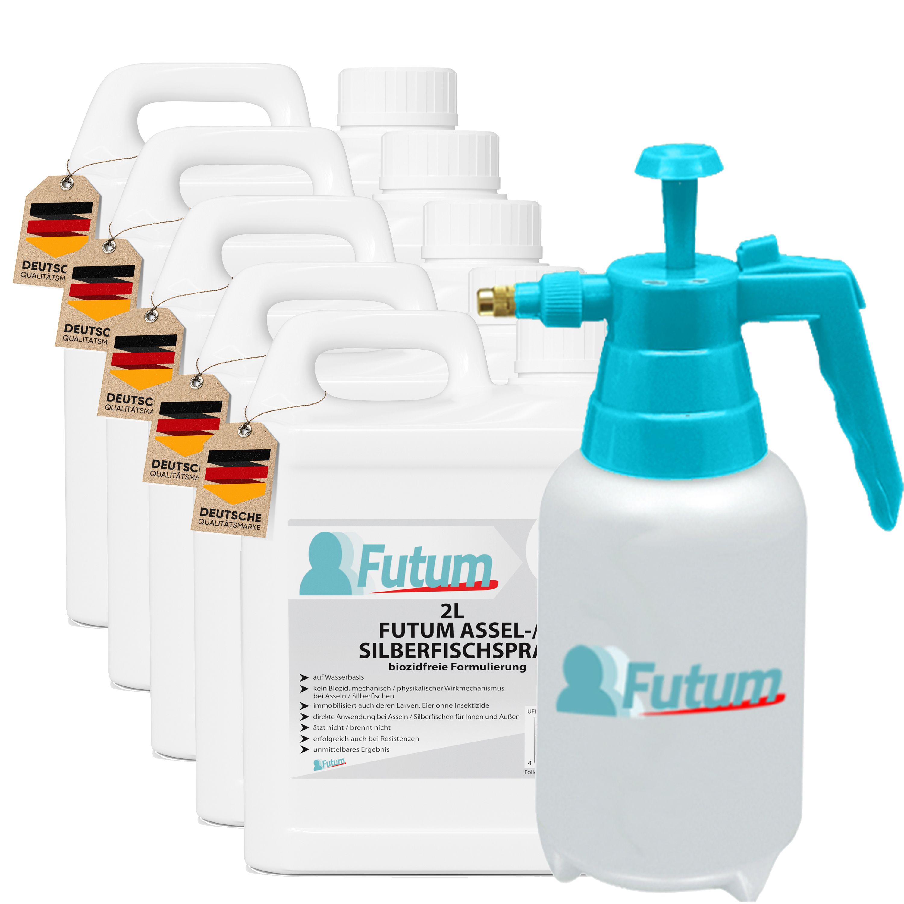 Fünf weiße Kanister und ein Sprüher. Auf den Kanistern Etiketten mit dem Logo "Futum" und dem Schriftzug "Silberfischspray".