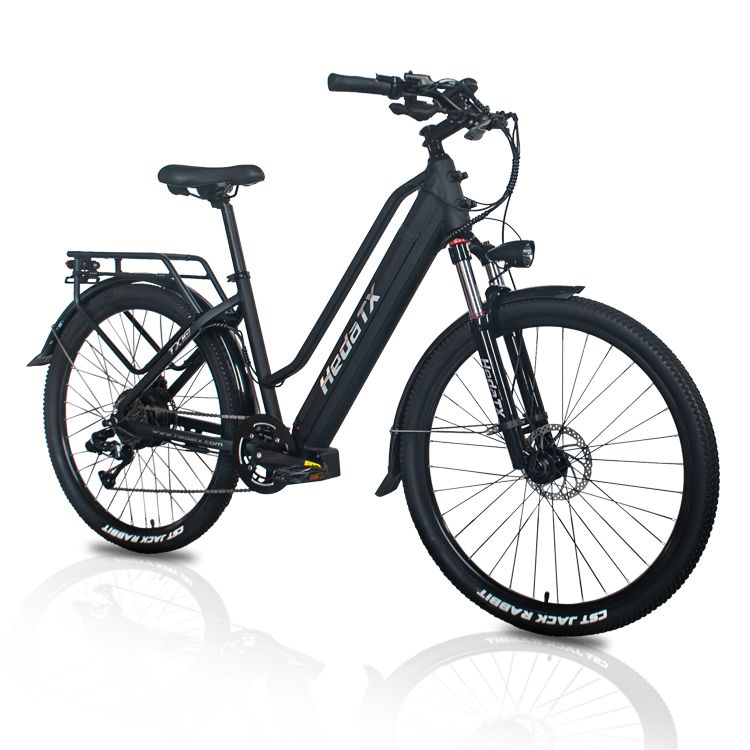 Schwarzes E-Bike, diagonale Ansicht. Hedatx Schriftzug am Rahmen. Gepäckträger, Schutzbleche und Scheinwerfer.