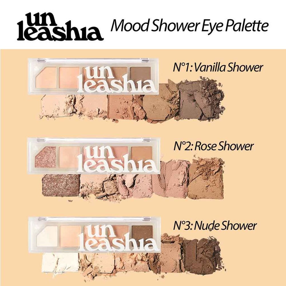 Drei UNLEASHIA Mood Shower Eye Paletten. Jede Palette enthält 5 Farbtöne. Produktnamen und Farbbezeichnungen.