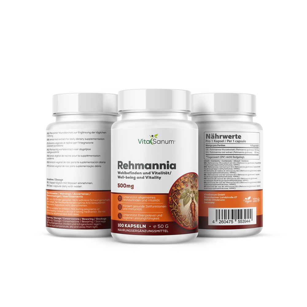 Drei weiße Flaschen VitaSanum®-Rehmannia. Etiketten mit Produktinformationen. Aufschrift: 500mg, 100 Kapseln.