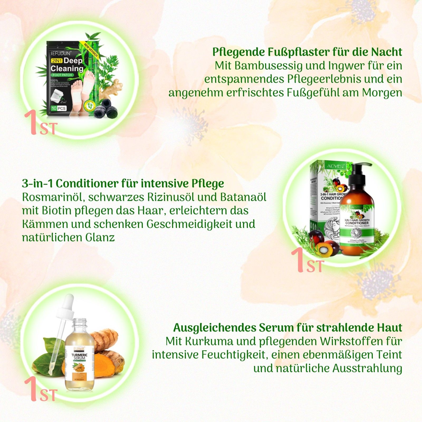 Collage: Hautpflegeprodukte wie Gesichtsöl, Augencreme und Fußmaske.