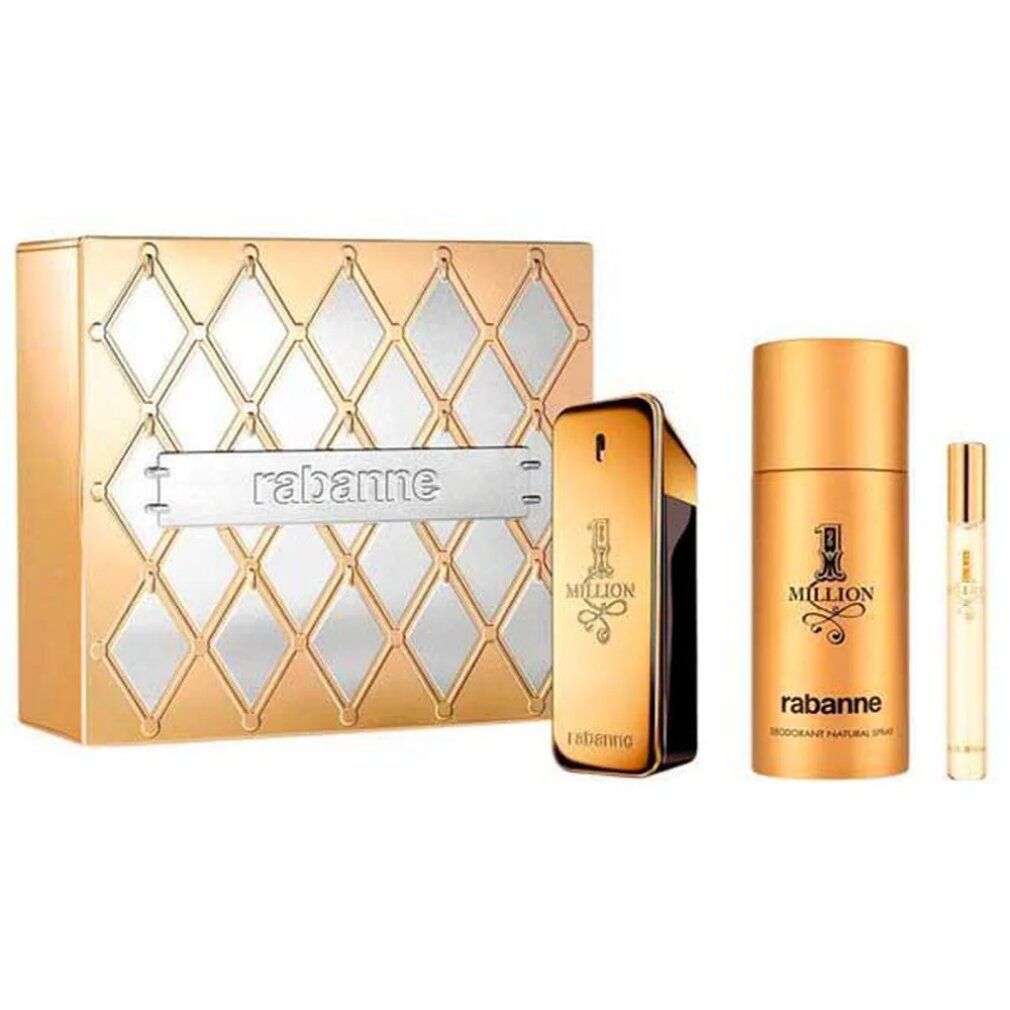 Geschenkset mit goldfarbenem Flakon, Deodorant und Zerstäuber. Goldene Schachtel mit Rhombenmuster und Rabanne-Logo.