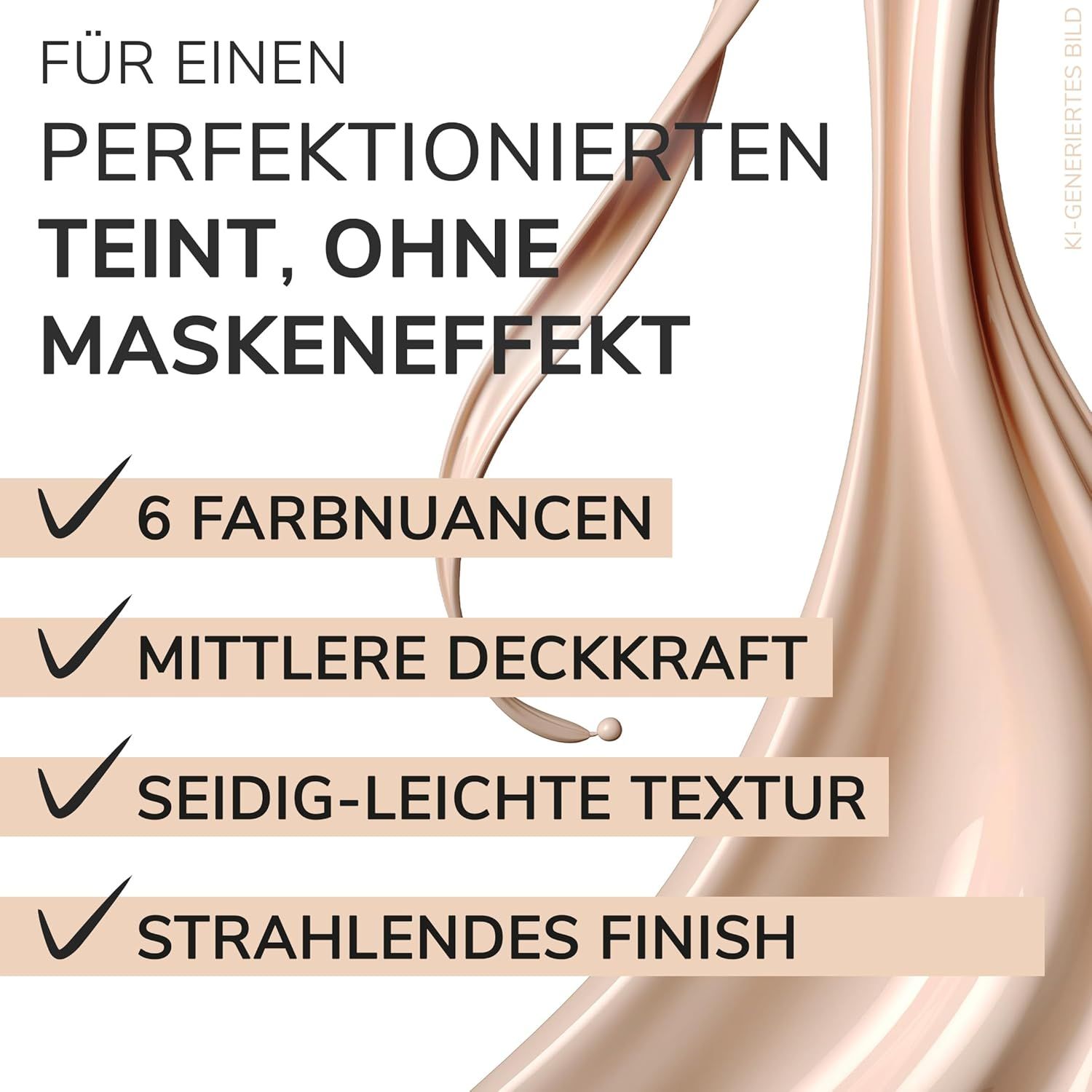 Flüssige Foundation-Textur. Text mit Stichpunkten: 6 Farbtöne, mittlere Deckkraft, seidig-leichte Textur, strahlendes Finish.
