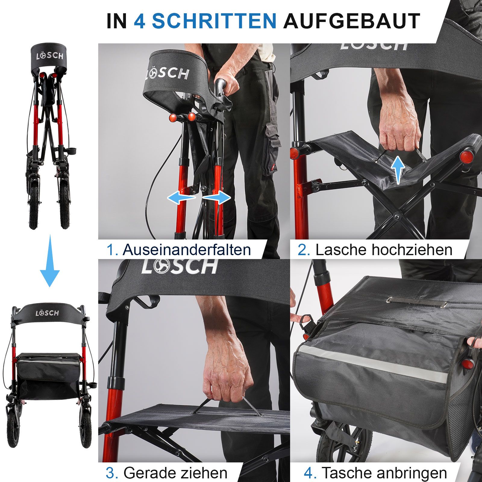 Rollator mit rotem Rahmen, schwarzem Sitz und Tasche. Aufbau in 4 Schritten.
