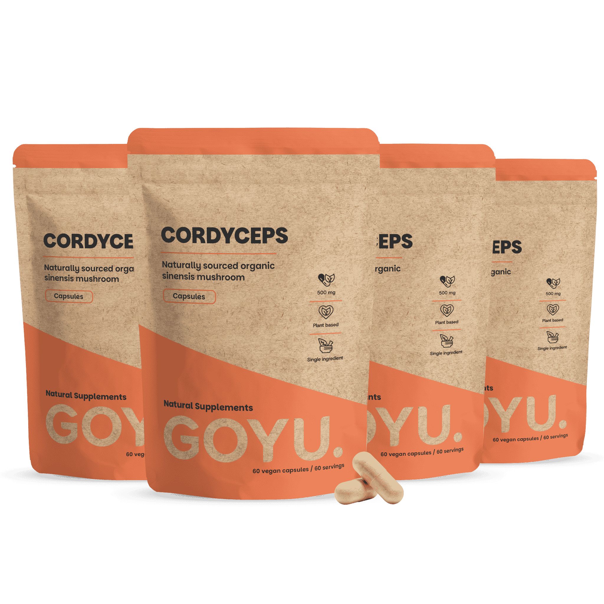 Vier Packungen Cordyceps-Kapseln, eine davon geöffnet, mit zwei Kapseln daneben.