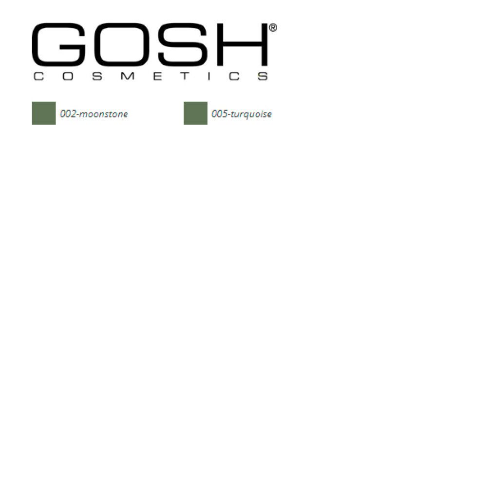 Logo GOSH Cosmetics. Farbfelder: 002-moonstone, 005-turquoise.