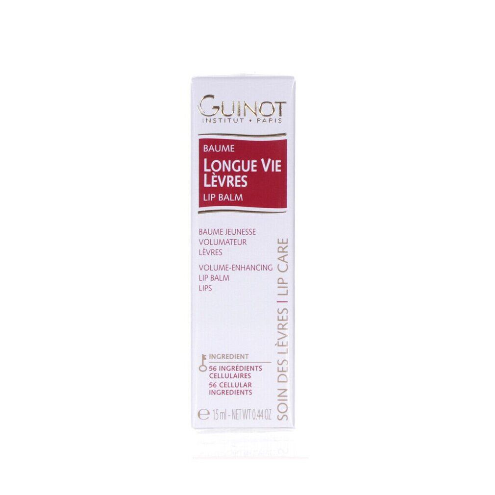 Weiße Verpackung mit Guinot, Longue Vie Lèvres, Lip Balm. Text: Volumenverstärkender Lippenbalsam. Enthält 56 zellaktive Inhaltsstoffe. 15 ml.
