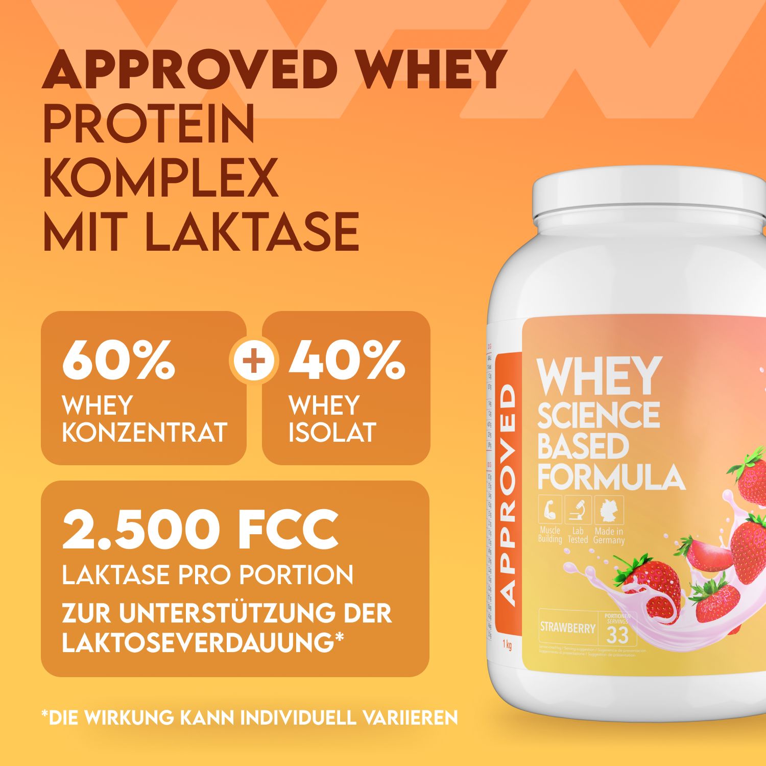 Weißes Whey-Proteinpulver-Behälter. Aufschrift: APPROVED, WHEY, SCIENCE BASED FORMULA. Erdbeer-Abbildung. 60% Whey-Konzentrat, 40% Whey-Isolat.