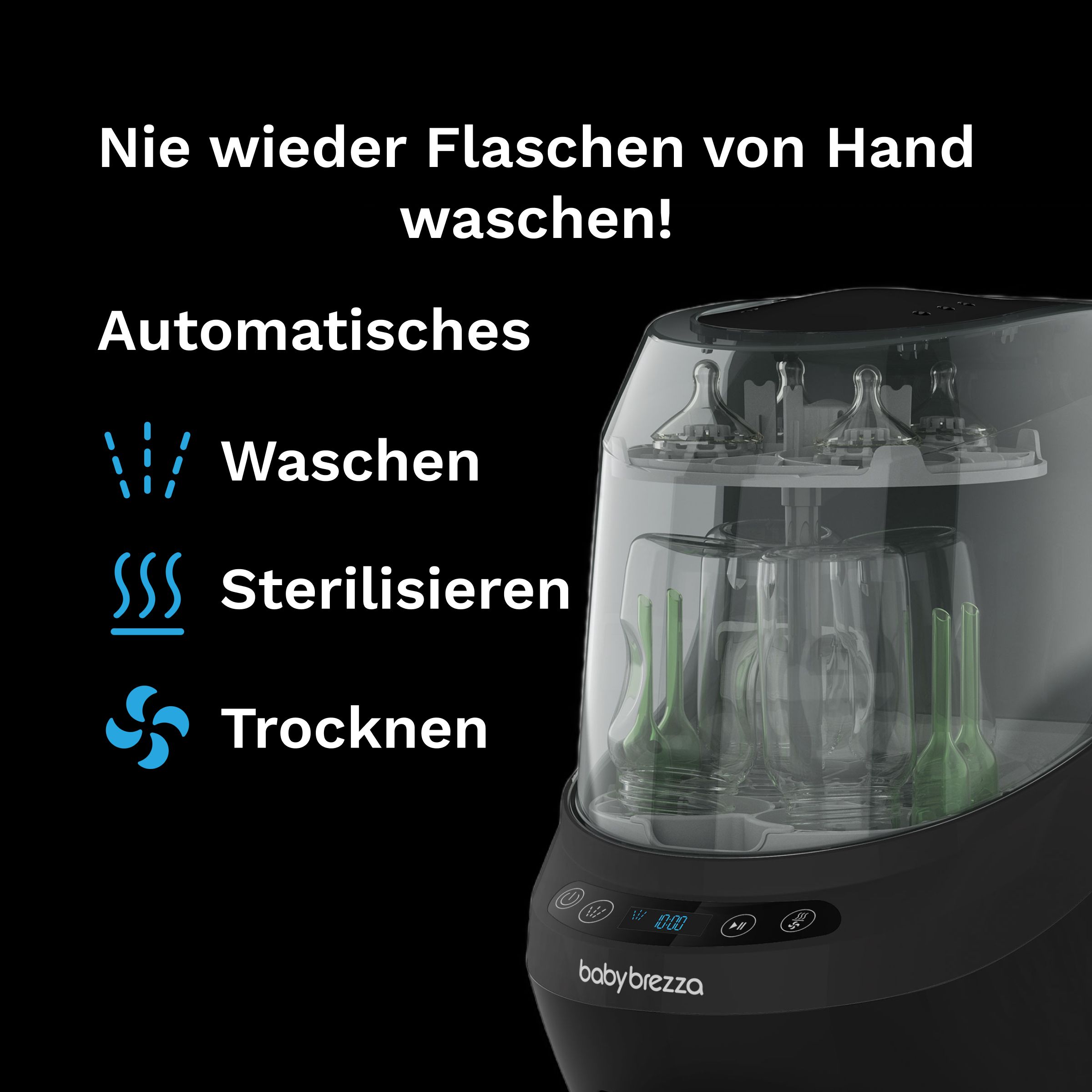 Gerät zum Waschen, Sterilisieren und Trocknen von Flaschen. Mit Bedienfeld und Symbolen für die Funktionen Waschen, Sterilisieren und Trocknen.