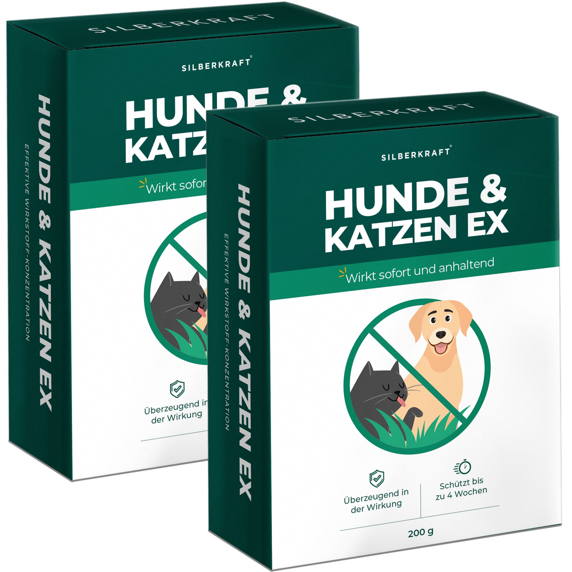 Zwei grüne Produktverpackungen. Aufschrift: SILBERKRAFT Hunde & Katzen EX. Abbildung: Hund und Katze im Kreis durchgestrichen. Text: Wirkt sofort und anhaltend.