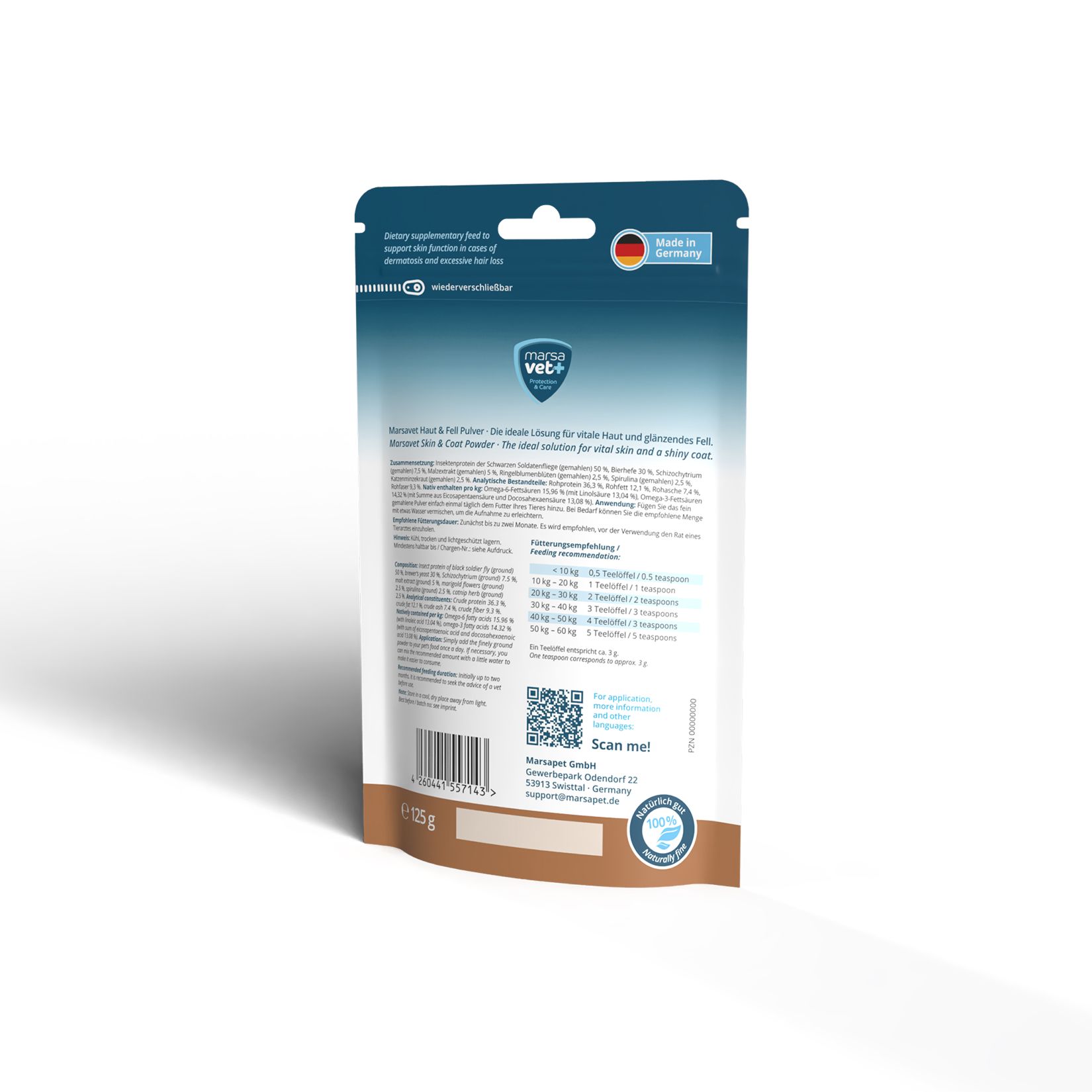 Rückseite des Haut & Fell Pulver Beutels. Enthält Produktinformationen, Inhaltsstoffe und QR-Code. 125g.