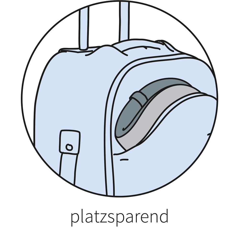 Illustration: Graues Kissen wird platzsparend in einer blauen Tasche verstaut.