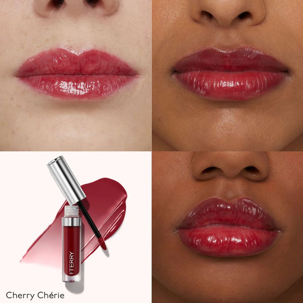 Vier Bilder von Lippen, die getönte Lippenpflege tragen. Unten links ist die Tube und der Applikator abgebildet. Text: Cherry Chérie.