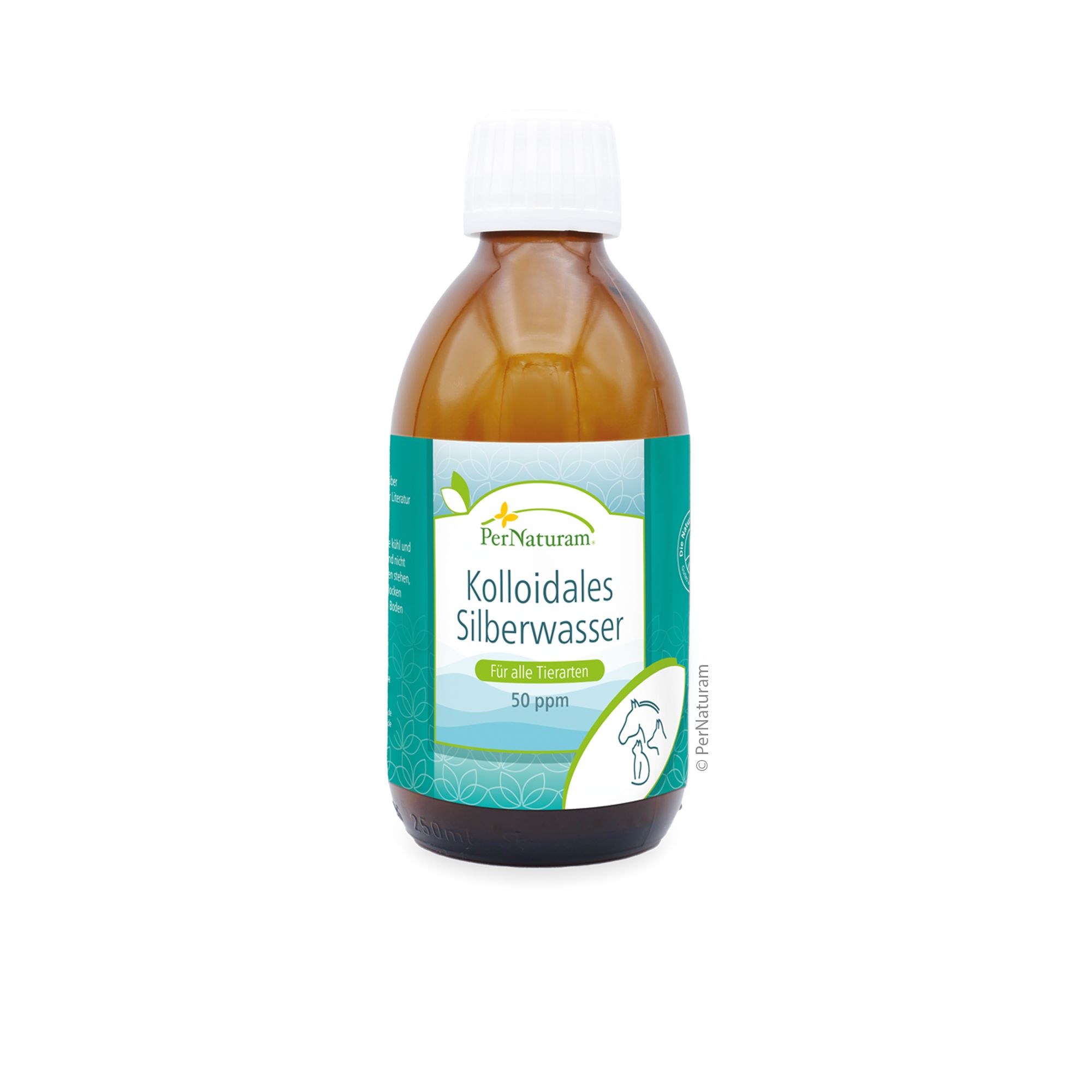 Braune Glasflasche mit weißem Deckel. Etikett mit Produktbezeichnung und Logo. Kolloidales Silberwasser, 50 ppm.